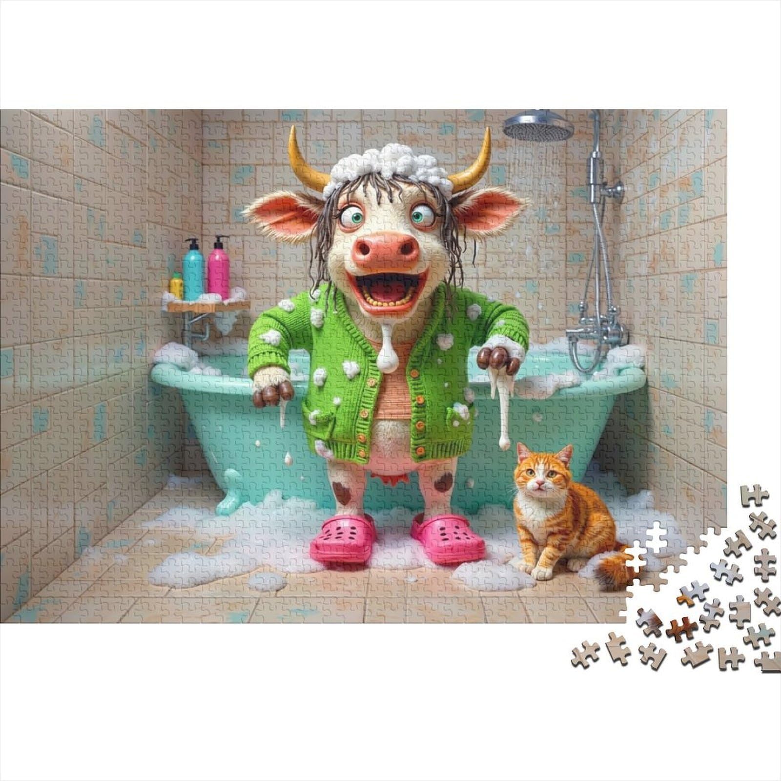 Cartoon Cow Bathroom 1000 Pieces Puzzle For Adults Paper Jigsaw Funny Animal Scene Stress Relief Gift Home Decor 52x38cm/1000pcs โ image 1
