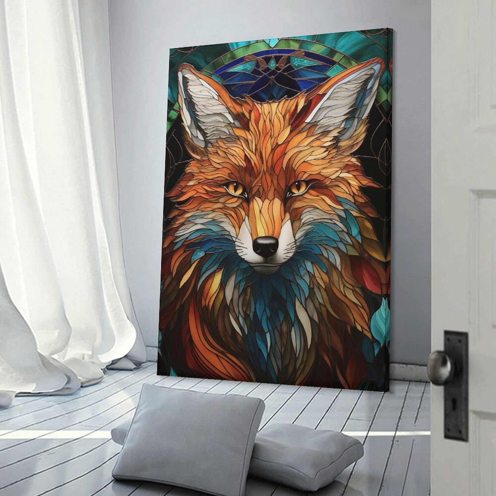Junmoney Stained Glass Fox Portrait Room Decor Wall Art, 12x18inch(30x45cm), for Living Room, Lounge Or Sitting Room, A Home Accent with Warm Character