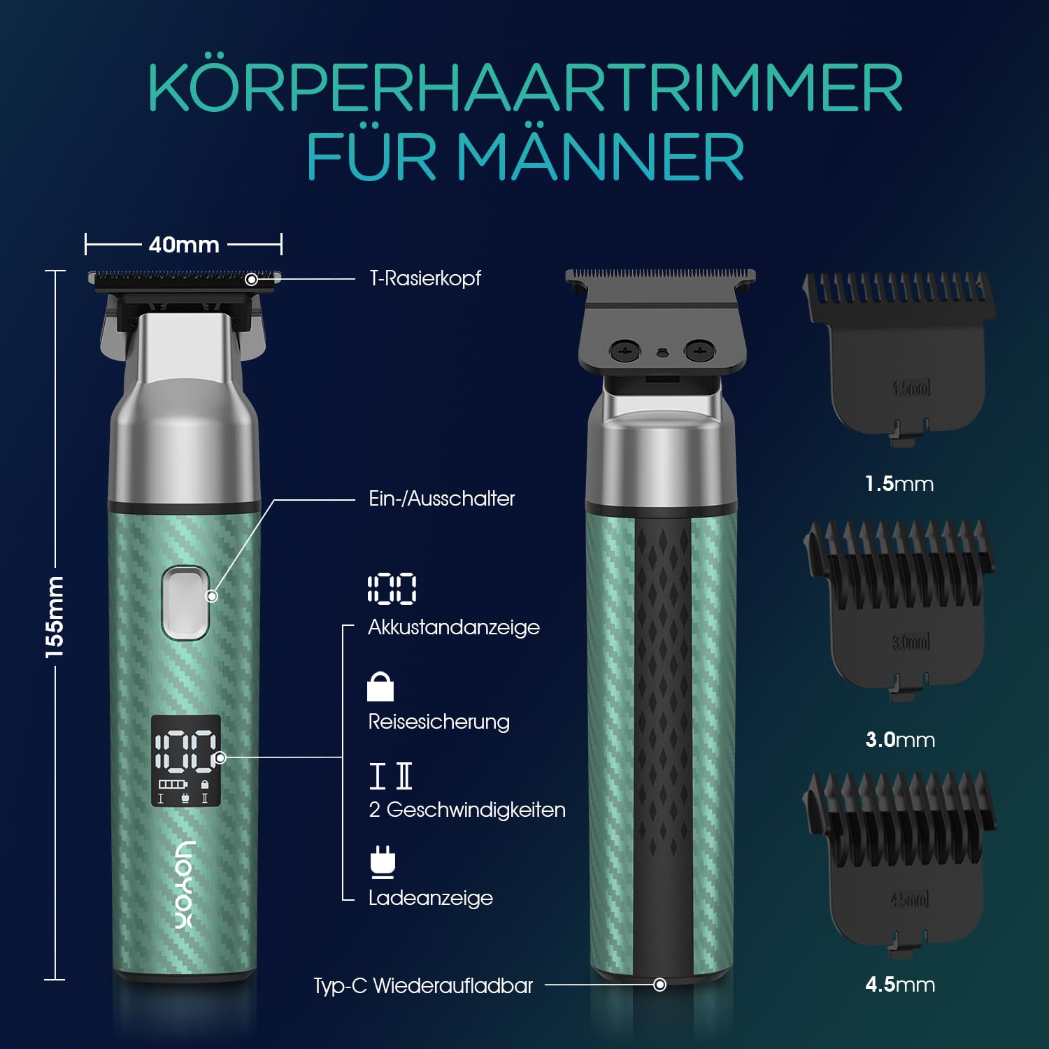 VOYOR Barttrimmer Herren,Ganzkörper Haarpflege,Rasierer und Haarschneider für Gesicht,Kopf und Körper,Wasserdicht,USB-C,Bart Trimmer mit 3 Kamm HT310 (Grün)