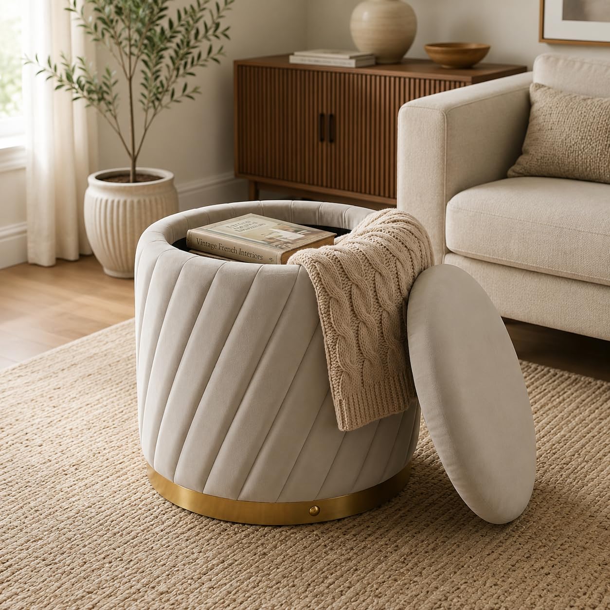 Sitting Stool with Round Upholstery and Velvet Footrest Storage Ottoman Pouffe 13 x 13 x 16 inches | Adaptable Puffy for Office, Bedroom, and Living Room Elegant Home Decor & Furnishings-image-29
