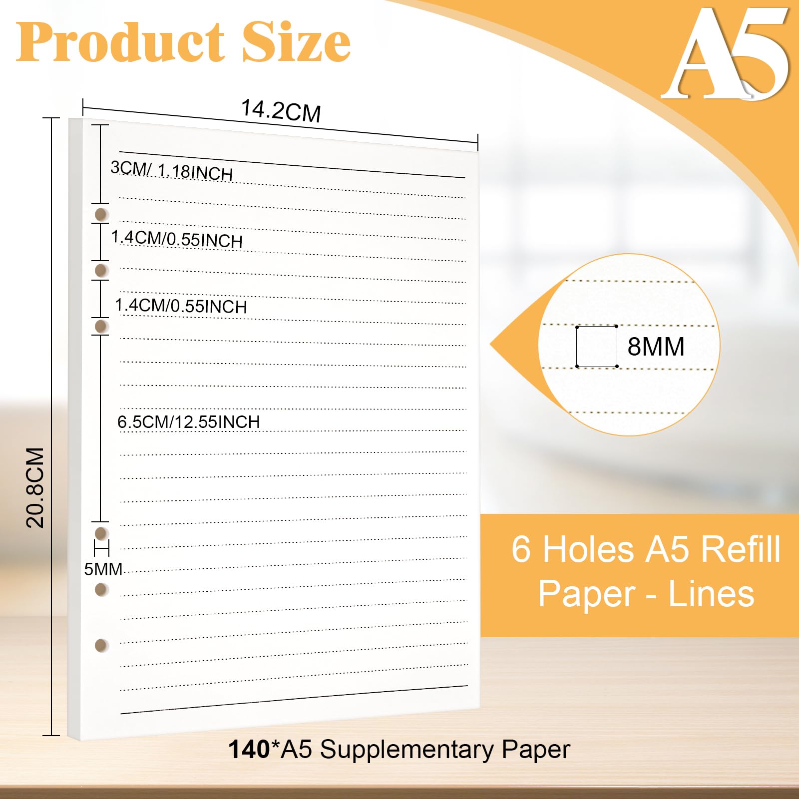 Vicloon A5 Loose Leaf Punched Paper, 140 Pages Horizontal Line Refill for 6 Hole Binder - Image 2