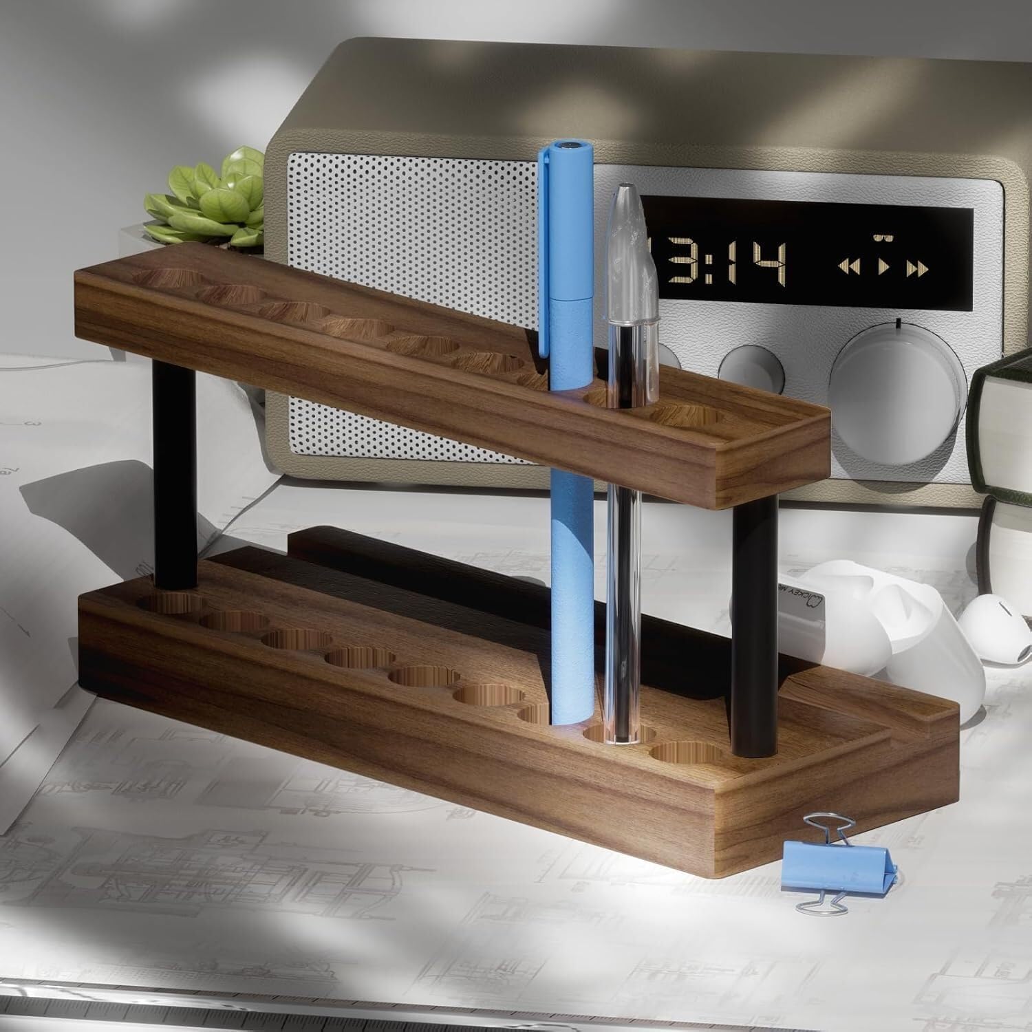 Stifteköcher Stifte Halter Schreibtisch-Stifthalter Mit 9 Stiftfächern Und Einem Telefonständer Schreibtisch-Organizer(Walnut)