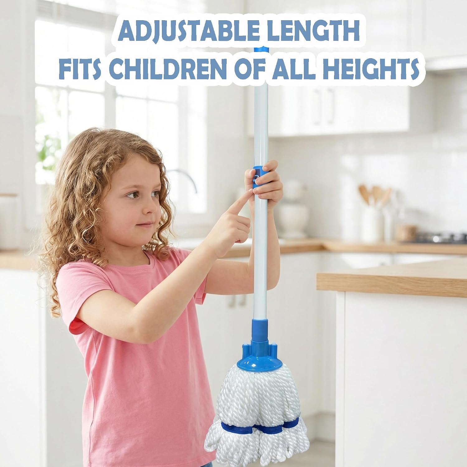 Mini Mop for Kids, Retractable Removable Toddler Mop, Little Helper's Small Cleaning Tool (White+Blue)