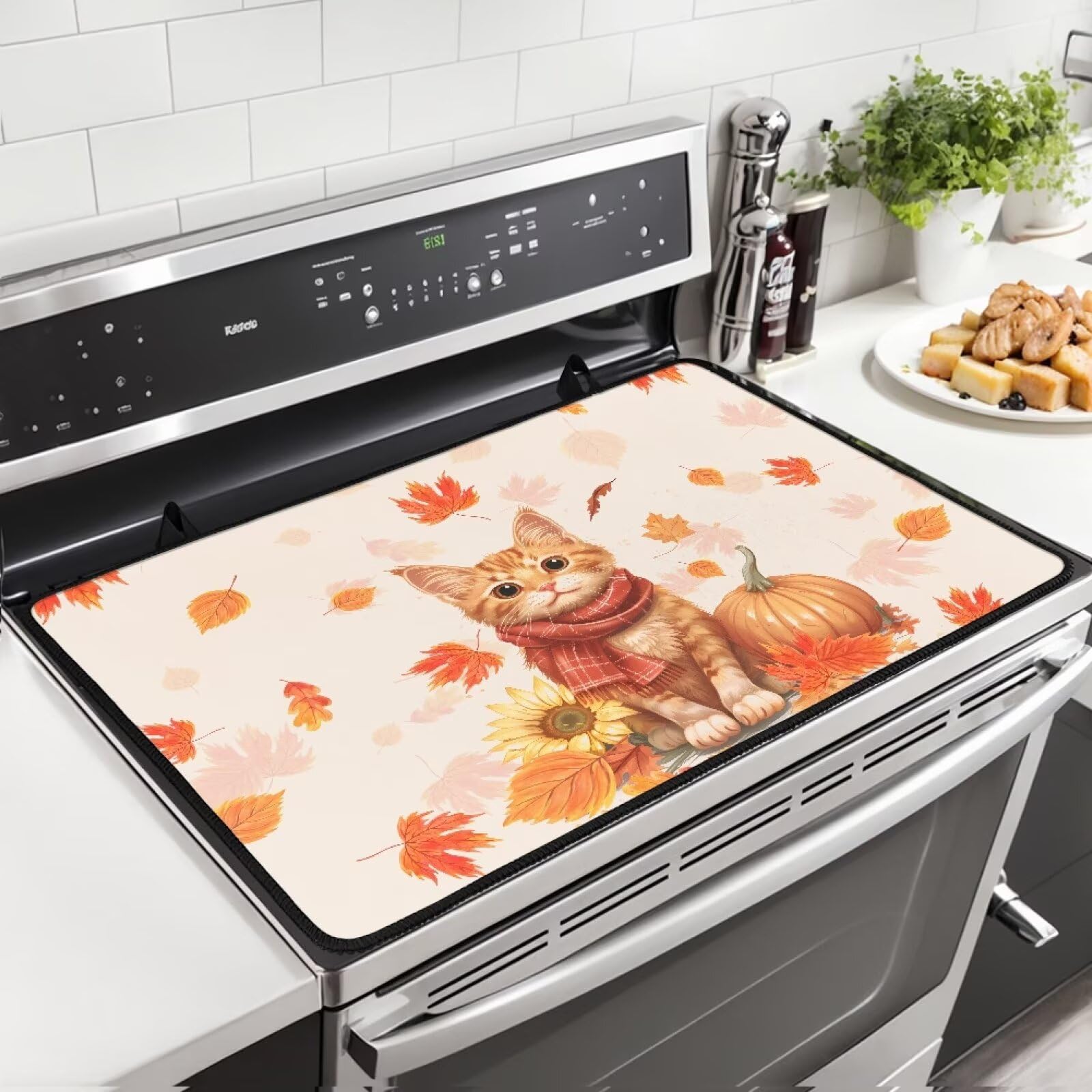 Maple Leaf Cat Stove Top Protector for Electric Stove, Flat Top Oven Cover Mat, Glass Cooktop Covers, Waterproof Countertop Protector Thanksgiving Day Decor
