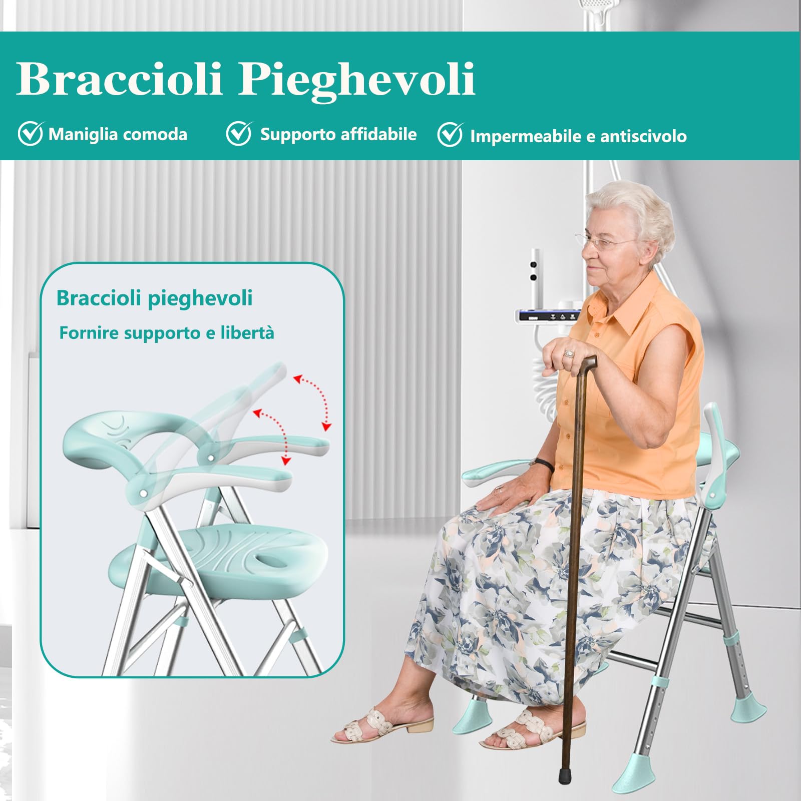Sedia Per Doccia Anziani,Sgabello Doccia,Capacità Di Carico Massima 150kg, Braccioli Ripiegabili,Sedia Per Doccia Pieghevole Regolabile in Altezza A 5 Livelli (verde, Sedili piatti)