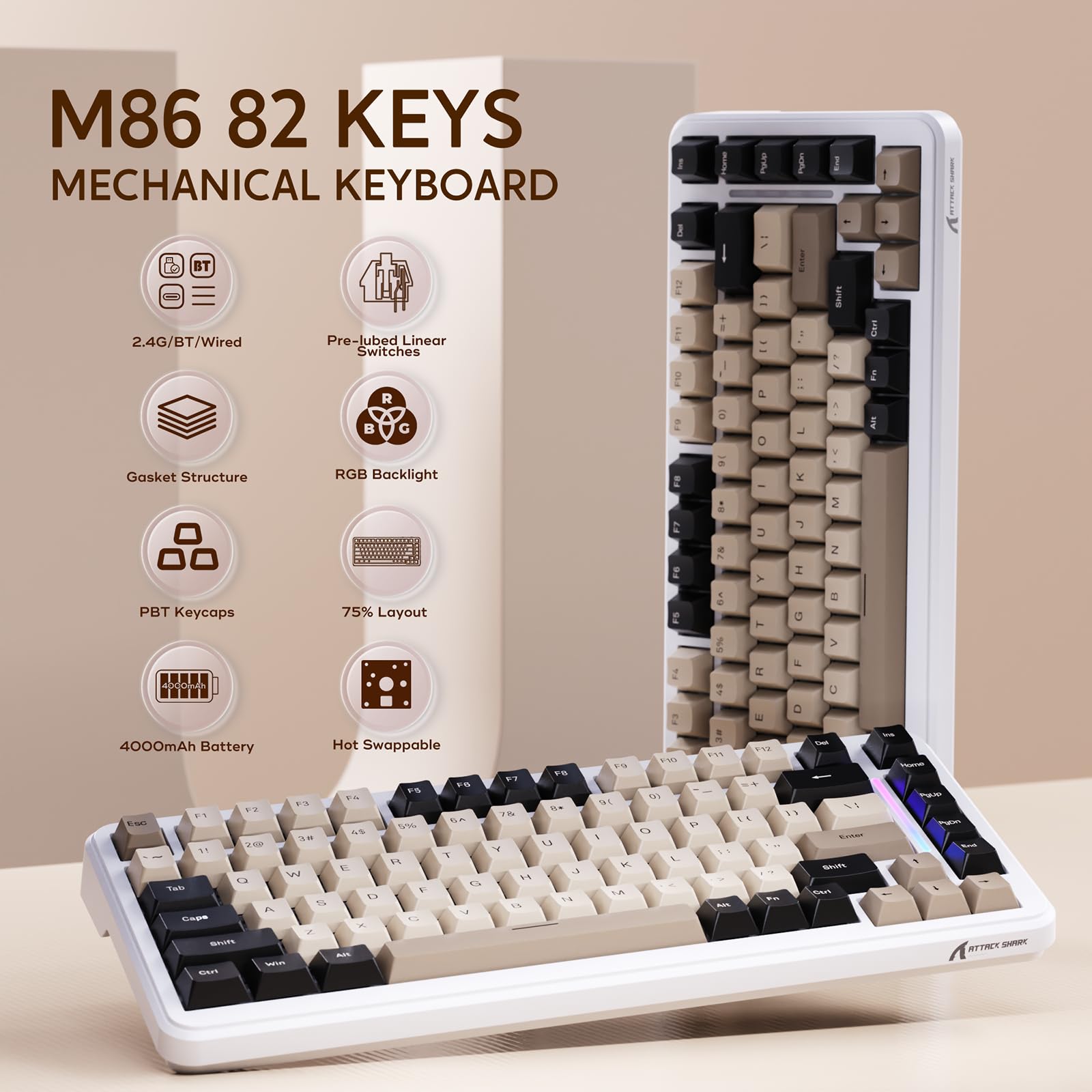ATTACK SHARK M86 Klawiatura Mechaniczna Gasket, 75% Tri-Mode (BT/2.4G/USB-C) Bezprzewodowa Klawiatura Do Gier RGB, Klawiatura z Możliwością Wymiany Na Gorąco, Przełączniki Liniowe, 4000mah-Biały Ser