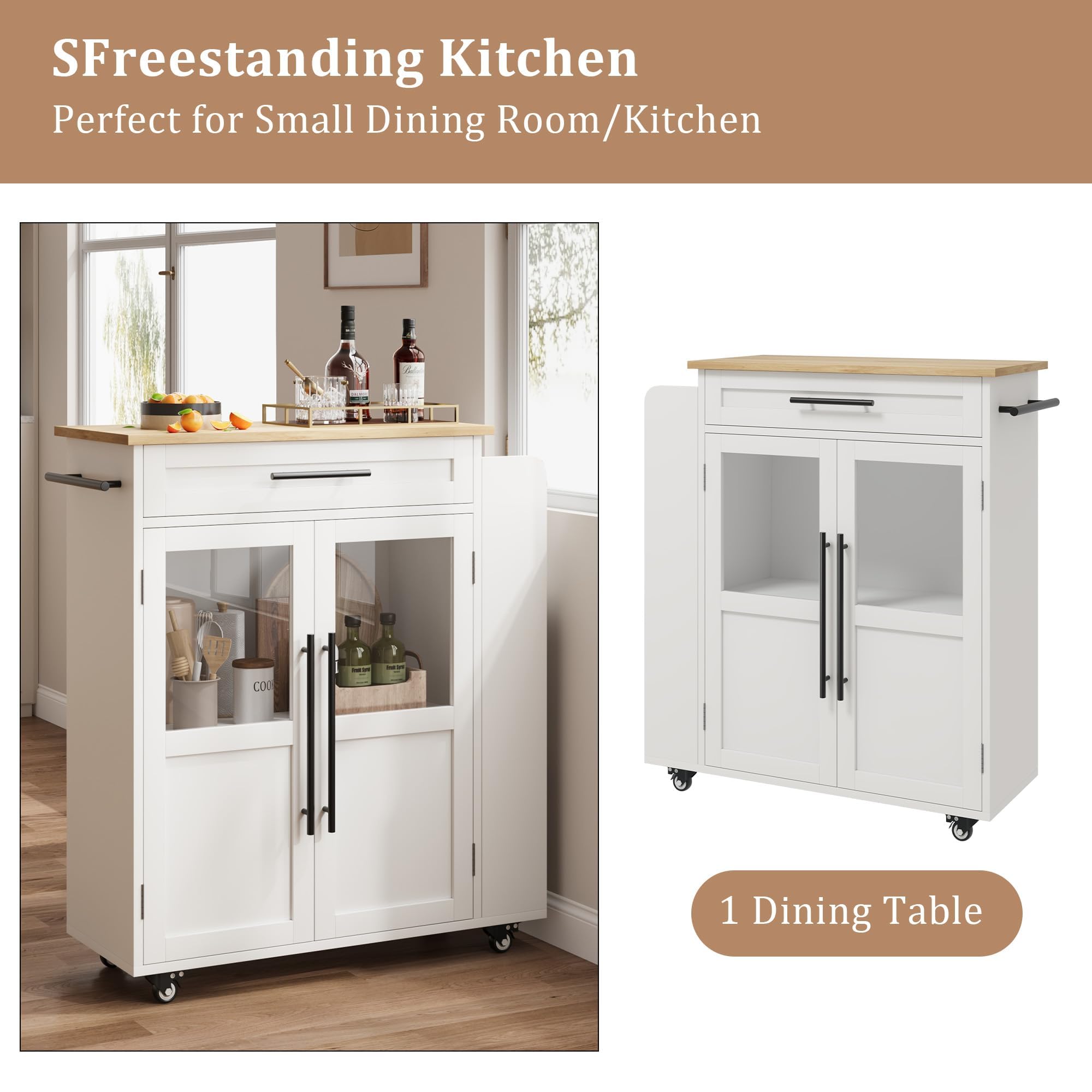 Garvee Kücheninsel mit Rollen, Küchenwagen & Servierwagen mit Glastüren, Schublade, Gewürzregal für Küche, Esszimmer & Flur, Weiß, 74 x 38 x 78,5 cm