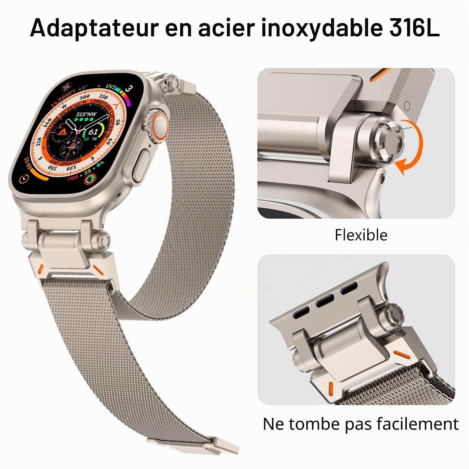 NewWays Bracelet en métal compatible avec les bracelets de montre Apple pour homme et femme, 49 mm, 46 mm, 45 mm, 44 mm, 42 mm, bracelet de rechange magnétique milanais pour iWatch Ultra 2/Ultra