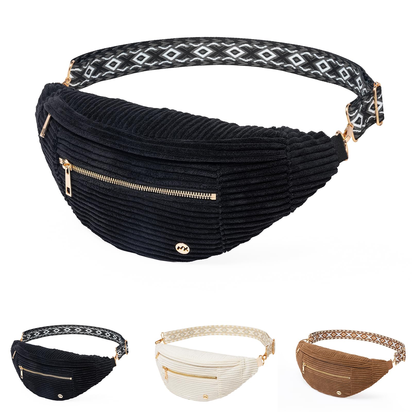 Black Crossbody Bag Corduroy Fanny Pack Vintage Sling Bag with Gold Zipper