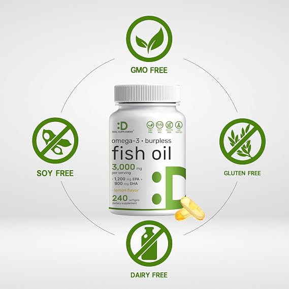 DEAL SUPPLEMENT Omega 3 Fish Oil Supplements, 3,000mg Per Serving, 240 Softgels EPA 1,200mg + DHA 900mg Burpless Pills, Lemon Flavored, Wild Caught Brain & Heart Support Mercury Free, Non-GMO