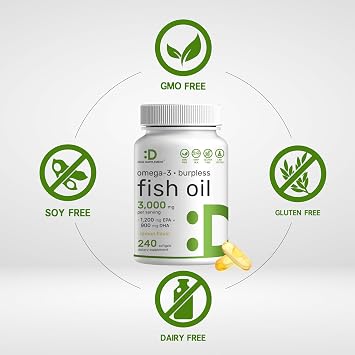 DEAL SUPPLEMENT Omega 3 Fish Oil Supplements, 3,000mg Per Serving, 240 Softgels EPA 1,200mg + DHA 900mg Burpless Pills, Lemon Flavored, Wild Caught Brain & Heart Support Mercury Free, Non-GMO