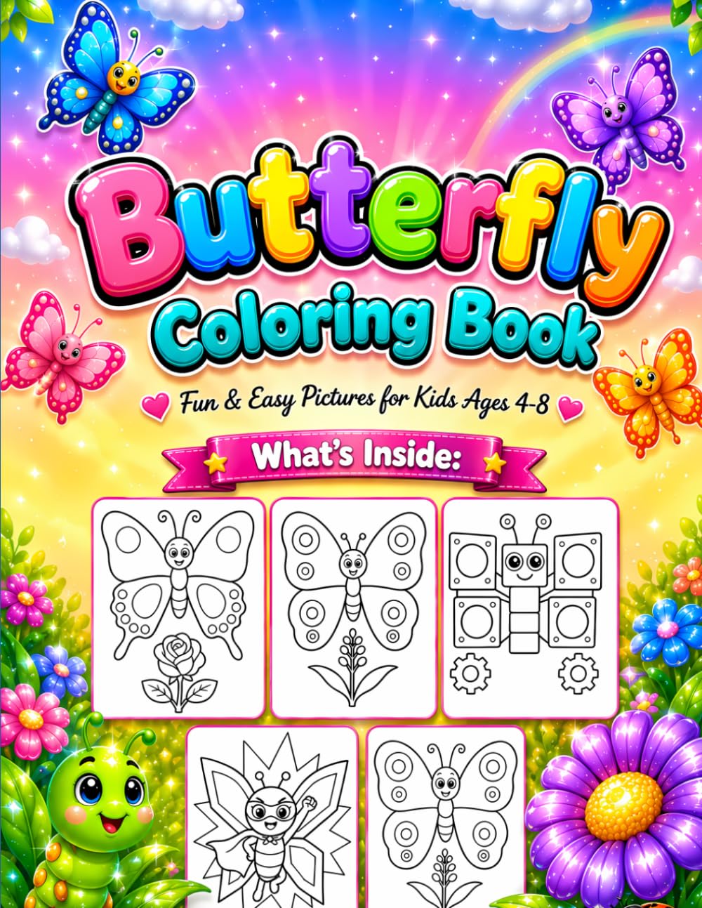 Butterfly Coloring Book for Kids: Fun and Easy Coloring Pages with Cute Butterflies, Flowers, and Garden Friends for Toddlers, Preschool and Kindergarten Children Ages 4-8