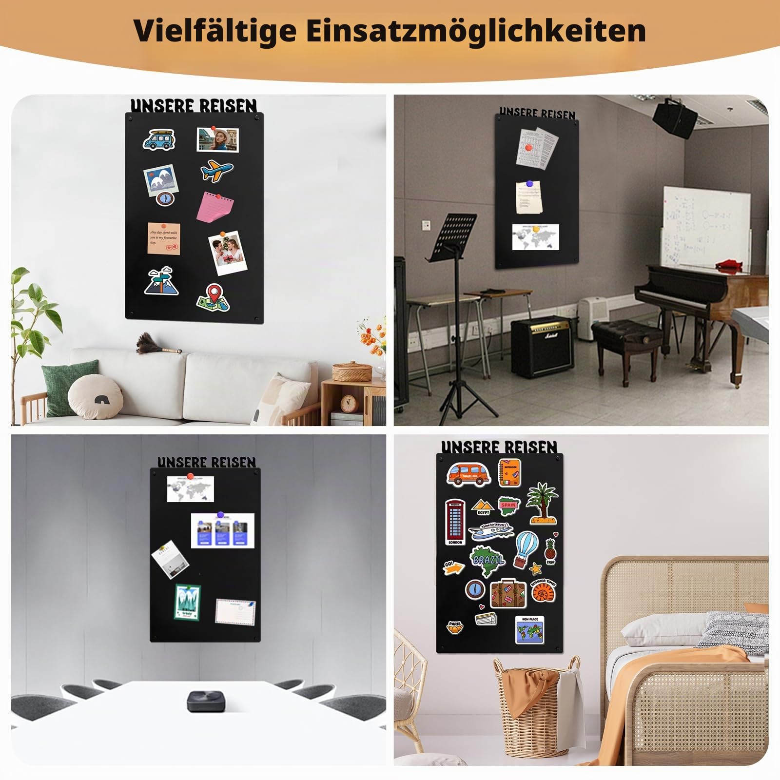 Magnettafel Schwarz 80×50 cm – Magnetwand/Pinnwand magnetisch für Küche, Büro & Kinderzimmer – Memoboard für Fotos, Notizen & Magnete ("UNSERE REISEN")