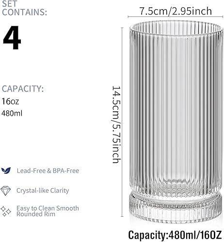 Miniatura 2 de Cristalería acanalada de 16 onzas, juego de 4 vasos de bebida vintage, vasos de cóctel, elegantes vasos Tom Collins, vasos altos acanalados ideales
