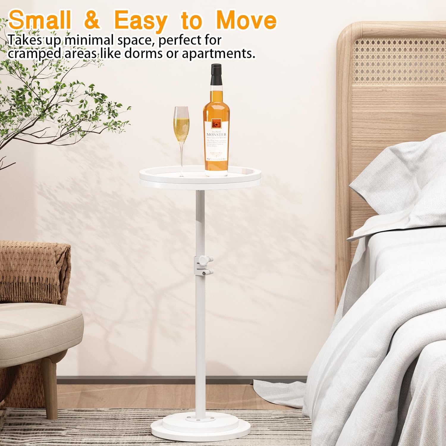 Small Side Table, Drink Table, Height Adjustable Round End Table, Pedestal Side Table for Small Spaces in Living Room, Bedroom, White