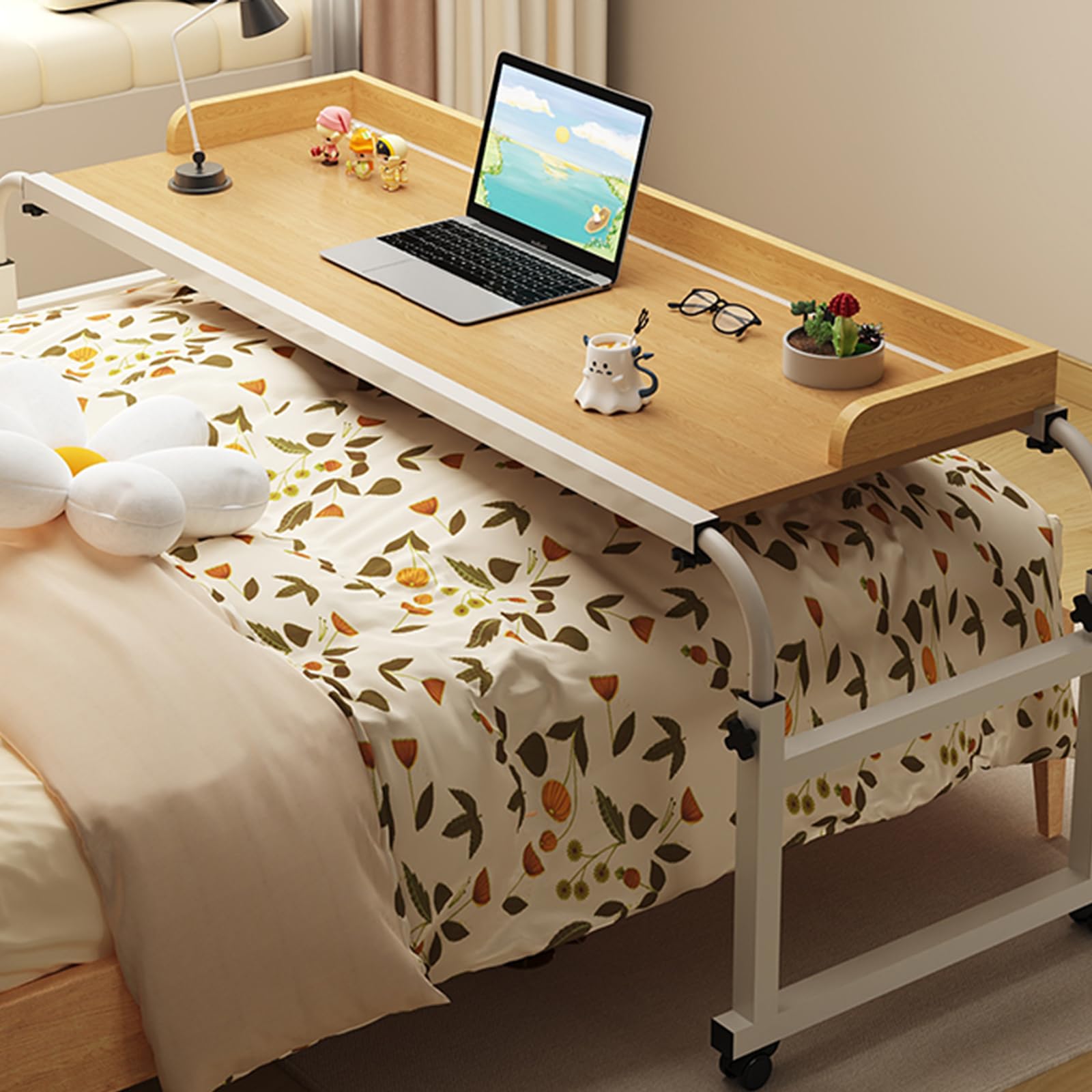 Table de lit mobile et réglable en hauteur avec roues pivotantes