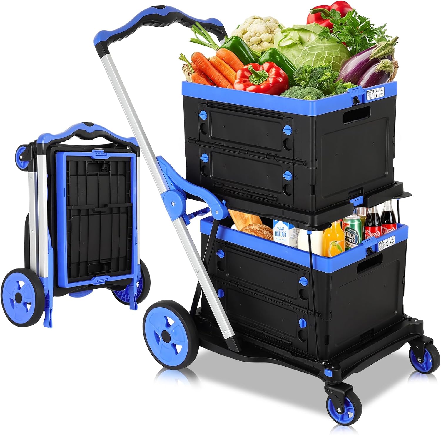 Collapsible Shopping Cart with Wheels, 200 LBS Capacity Blue Grocery Cart with Storage Crates, Platform Hand Truck with Foot Brake