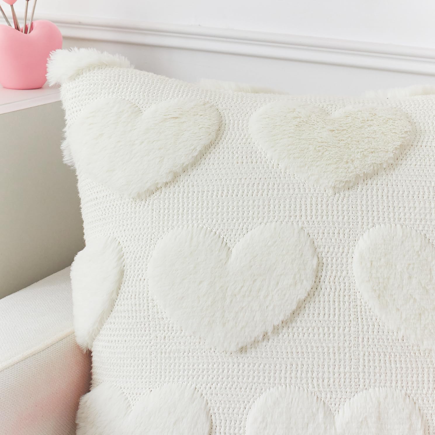 Kevin Textile Heart Love Cute Decorative Throw Pillow Covers 18x18 Inch Set of 2 Soft Faux Fur Pillow Covers for Valentine's Day Gifts Fluffy Plush Pillow Case for Couch Cushion Livingroom Cream White image 3