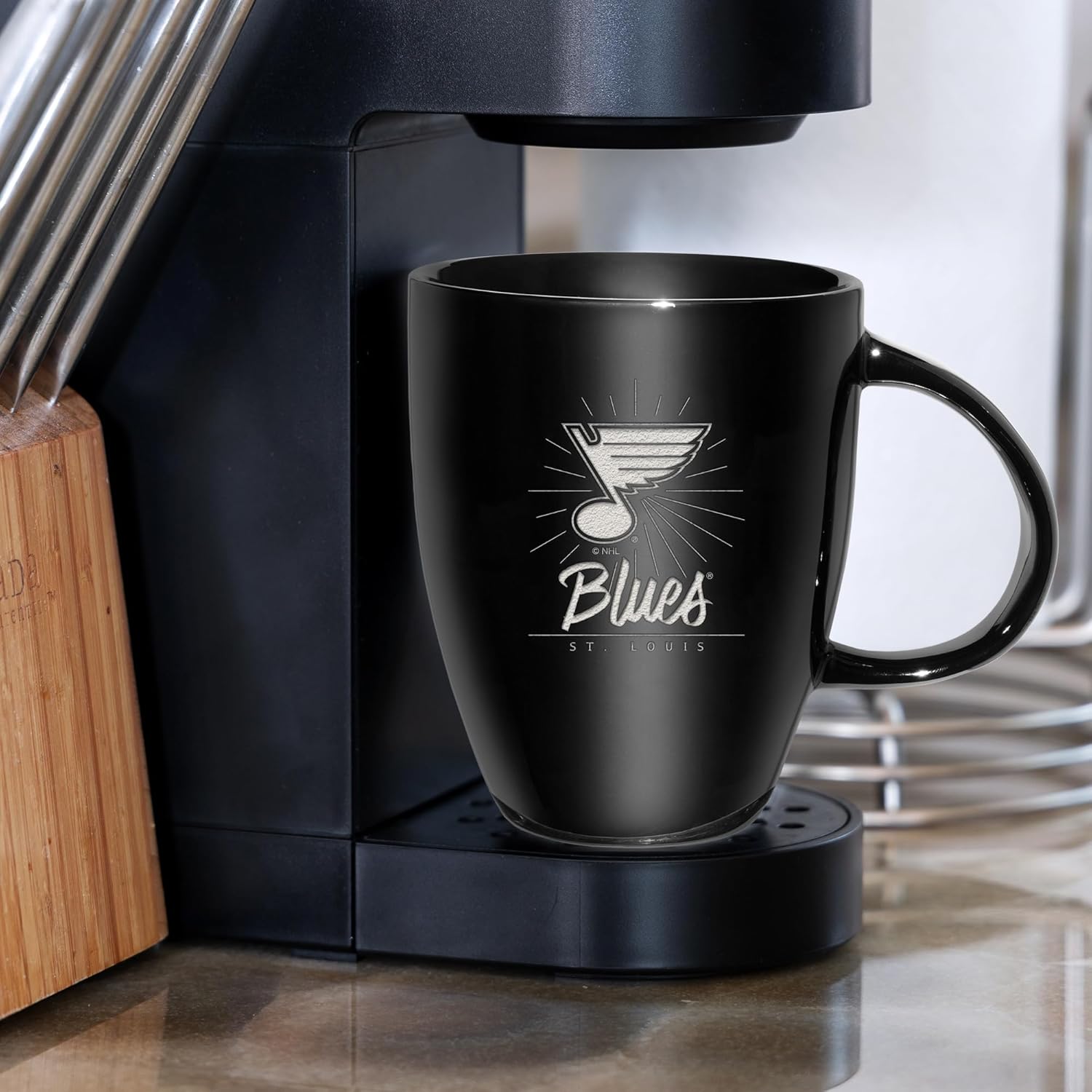 Rico Industries NHL Hockey St. Louis Blues Sunburst Black 18oz Laser Engraved Ceramic Lustre Mug - Image 2