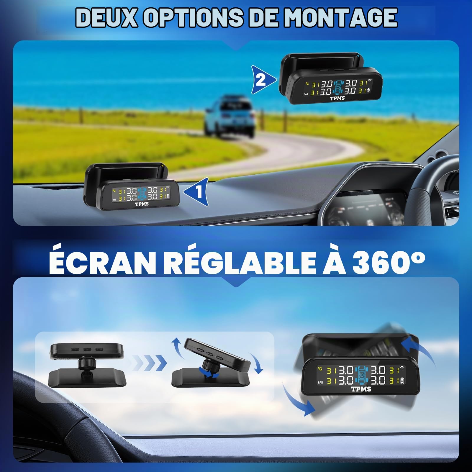 0-3.5bar TPMS SystèMe De Surveillance De La Pression des Pneus Solaire sans Fil & Chargement USB, 5 Modes D’Alarme, 4 Capteur Externe De Pression des Pneus, Universel pour Les Voitures Vans