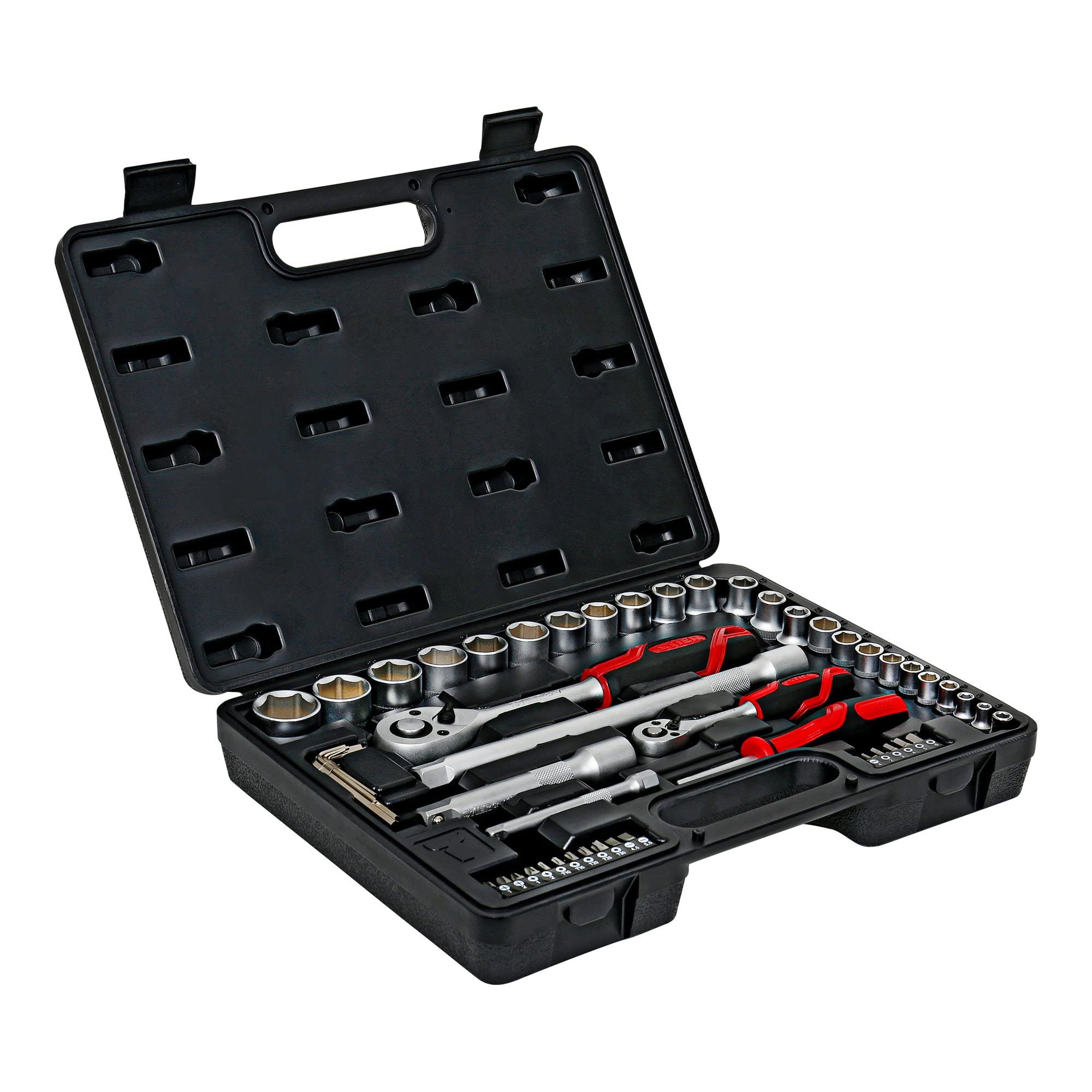 STIER Set di chiavi a bussola54 pezzi, 1/4 di pollice e 1/2 di pollice, chiave inglese e punte, set di punte, set di chiavi a cricchetto, chiave a bussola, cricchetto, set di punte