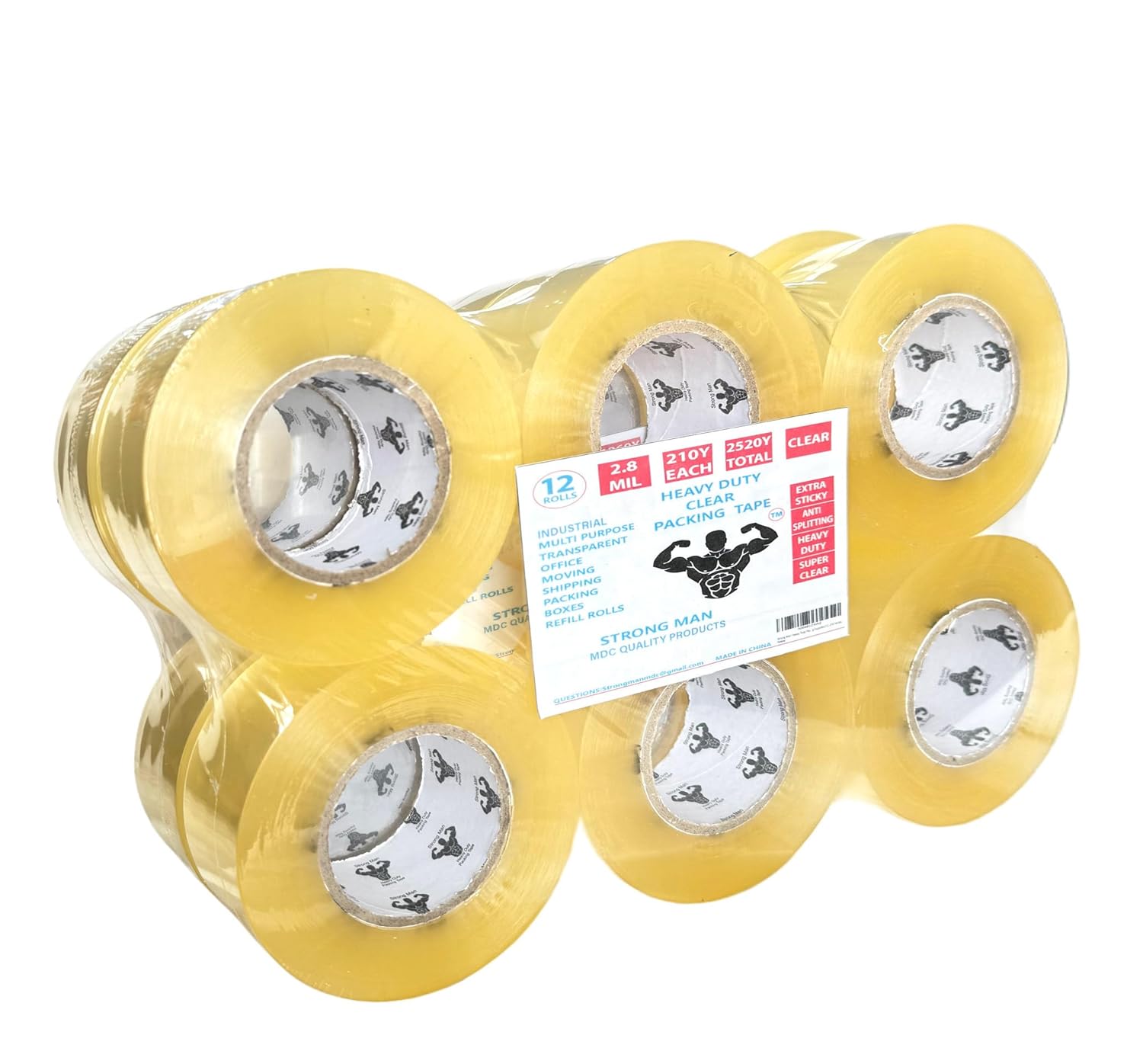 Strong Man Heavy Duty Packing Tape, 12 Rolls of 2.8 mil x 1.88 in x 110 Yards, Ultra Strong, Super Clear, Refill for Packaging and Shipping Supplies,