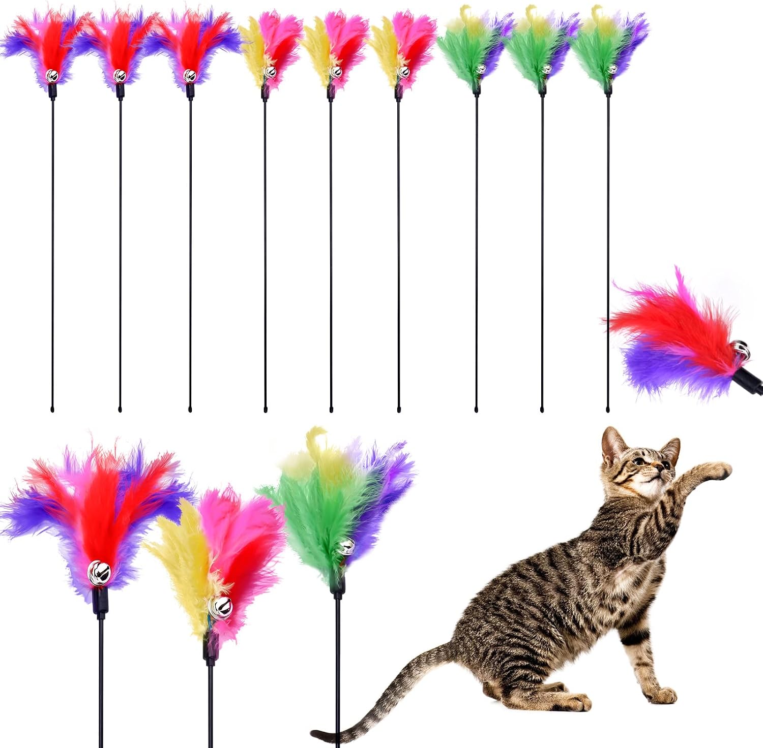 25'' Long Cat Wand Toy - Pack of 9 Extended Teaser Wand for Indoor Cats- Interactive Natural Cat Feather Toys with Bell for Cat Kitten…