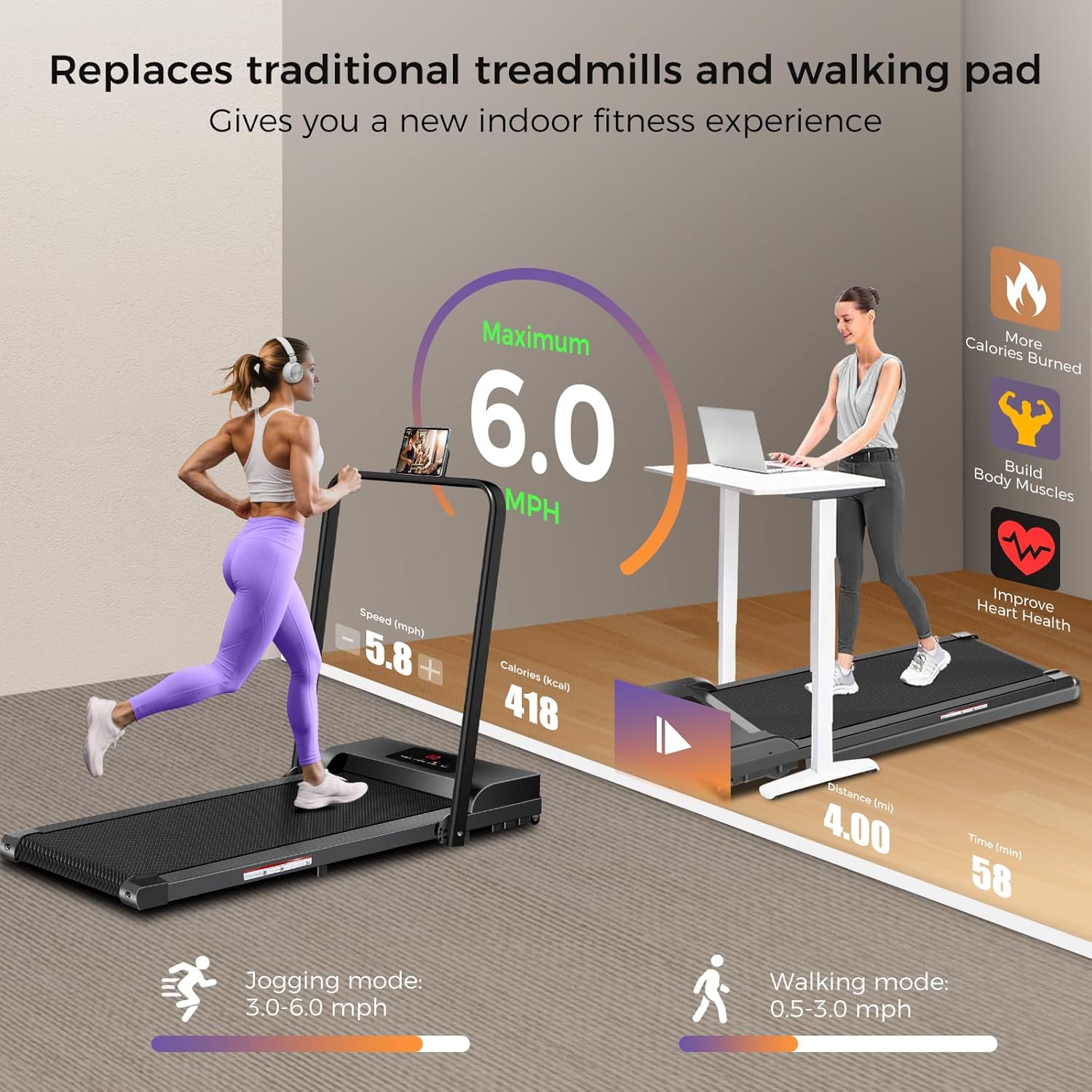 NXSCI Walking Pad with Handle Bar, 2.5 HP Walking Pad Treadmill, 2 in 1 Foldable Treadmills for Home Office, Compact Treadmills for Walking and Jogging, with Remote Control & LED Display