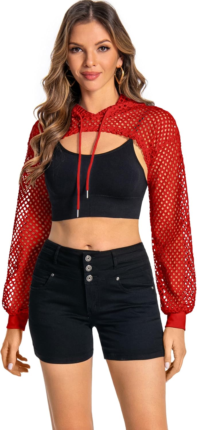 Women Mesh Crop Top Hoodie Fishnet See Through Long Sleeve Shirt Sheer Blouse for Club Party - Image 8