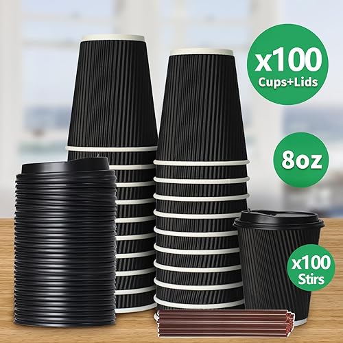 Miniatura 2 de Juego de 100 tazas de café de papel desechables de 8 onzas con tapa cómoda y pajilla, taza de papel de doble pared con aislamiento y ondulación