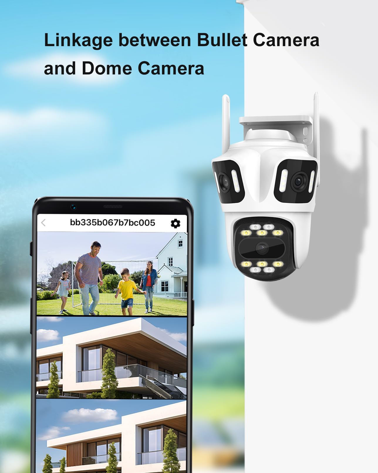 Telecamera di sicurezza esterna wireless a tre obiettivi da 9 MP, Pan/Tilt a 360°, WiFi 2,4 GHz, rilevamento del movimento AI, registrazione 24/7, visione notturna, audio a 2 vie, IP66