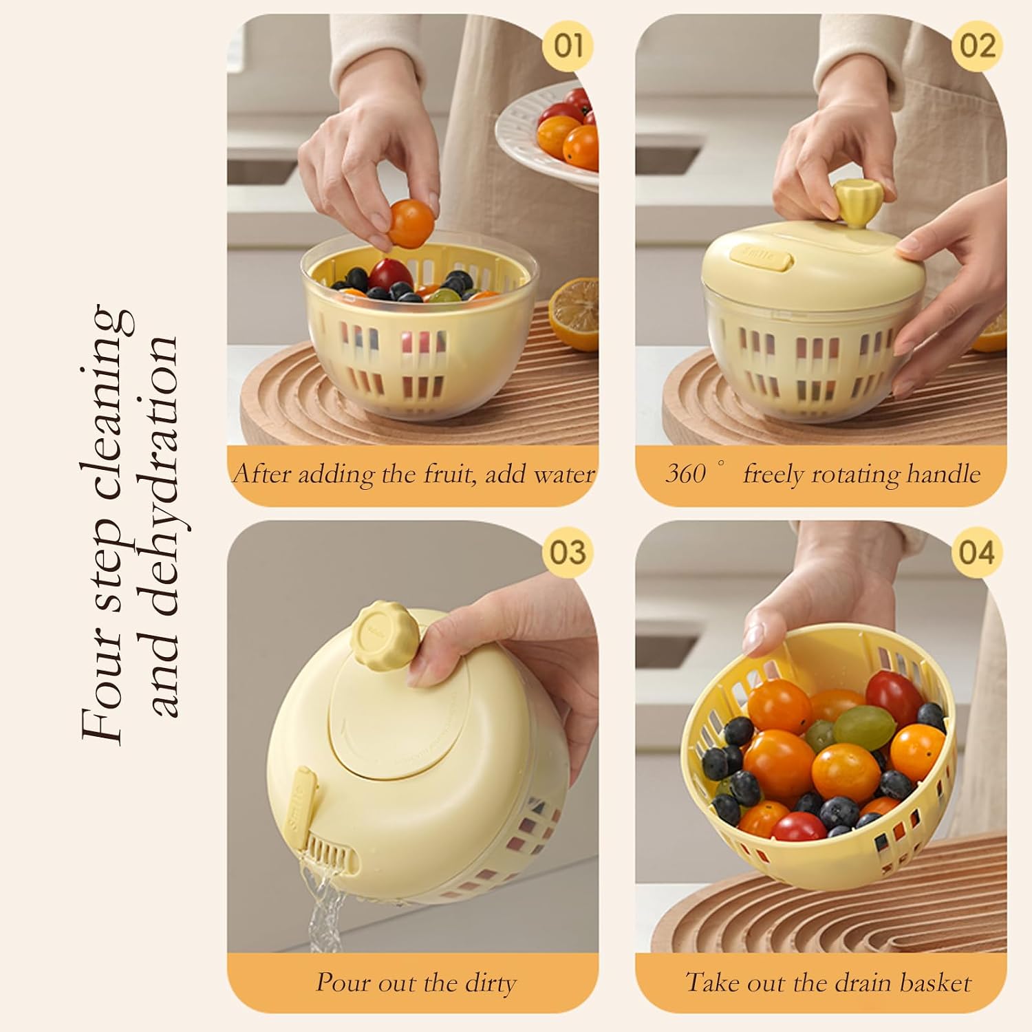 Fruit Washing Bowl Container with Lid,360 °Rotating with Handle,Fruits Cleaning and Draining Bowls,Berry Fruit Fridge Containers,Kitchen for Washing,Storage（Yellow）