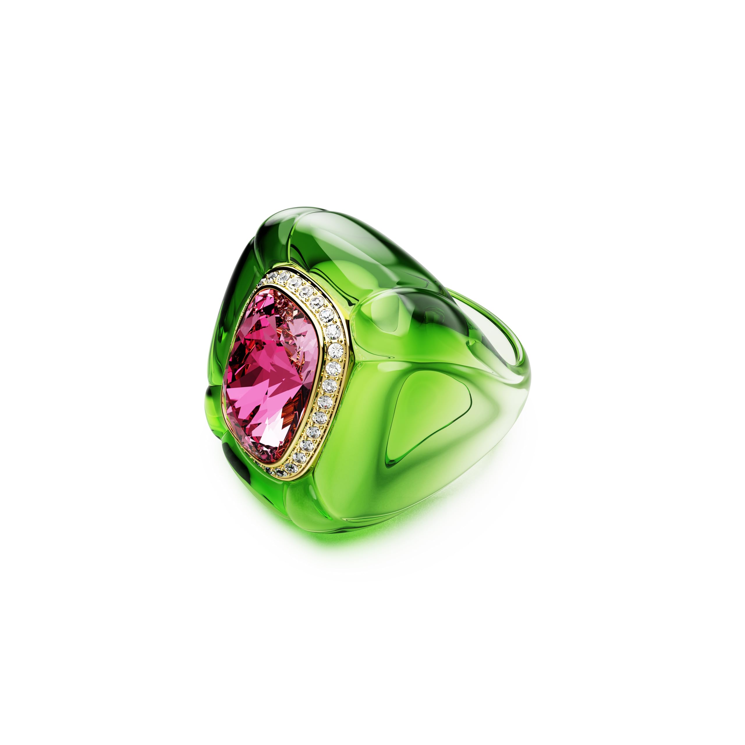 Swarovski Bague cocktail Dulcis, anneau vert accompagné d'un cristal taille coussin rose, entouré d'un pavé blanc, design inspiré Pop Art, éclat ludique et contemporain, placage de ton or, taille 55