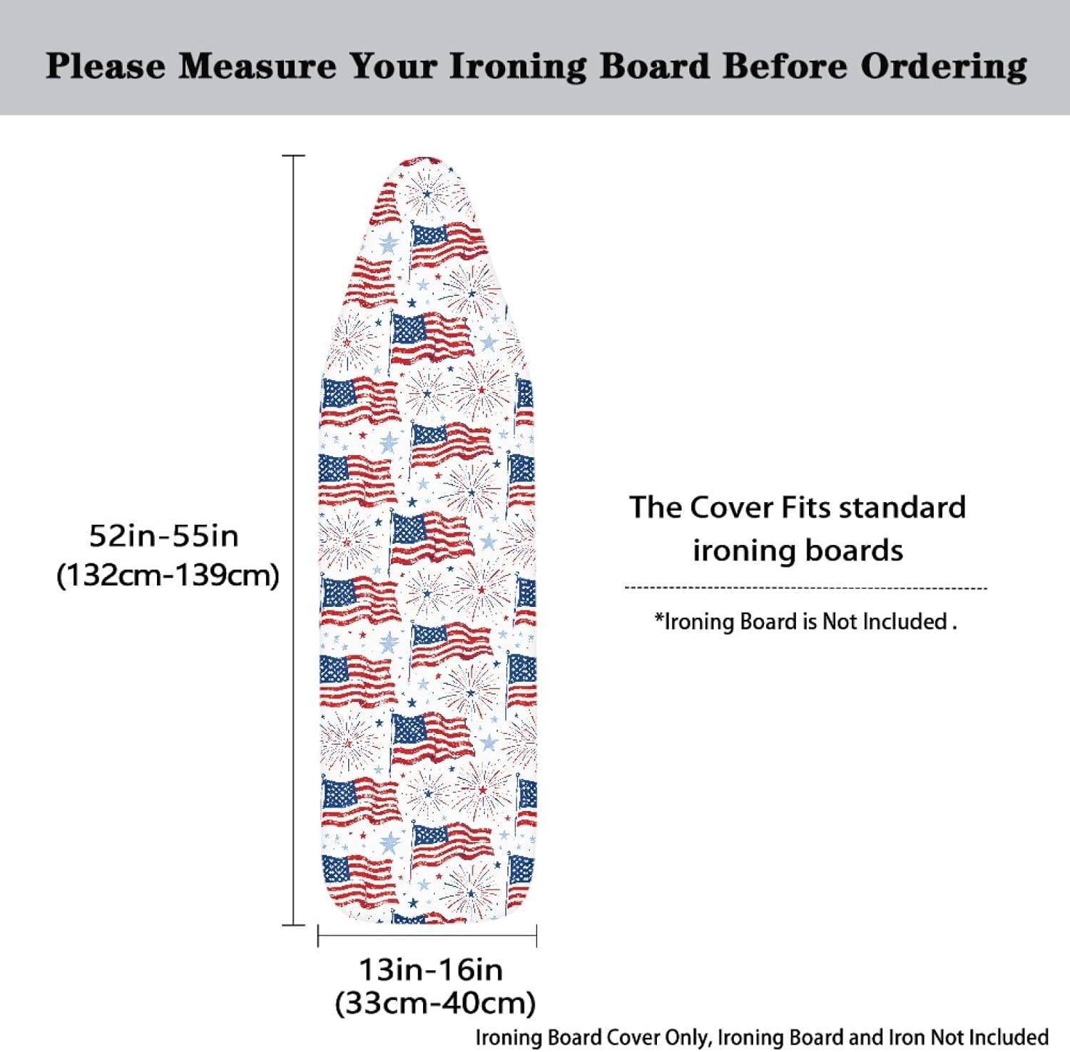 4th of July Ironing Board Cover, 16"x55" Standard Ironing Board Cover with Elastic Edge and Hook and Loop Fasteners, Scorch & Stain Resistant, Polyester Home Ironing Board Covers, Star Honor