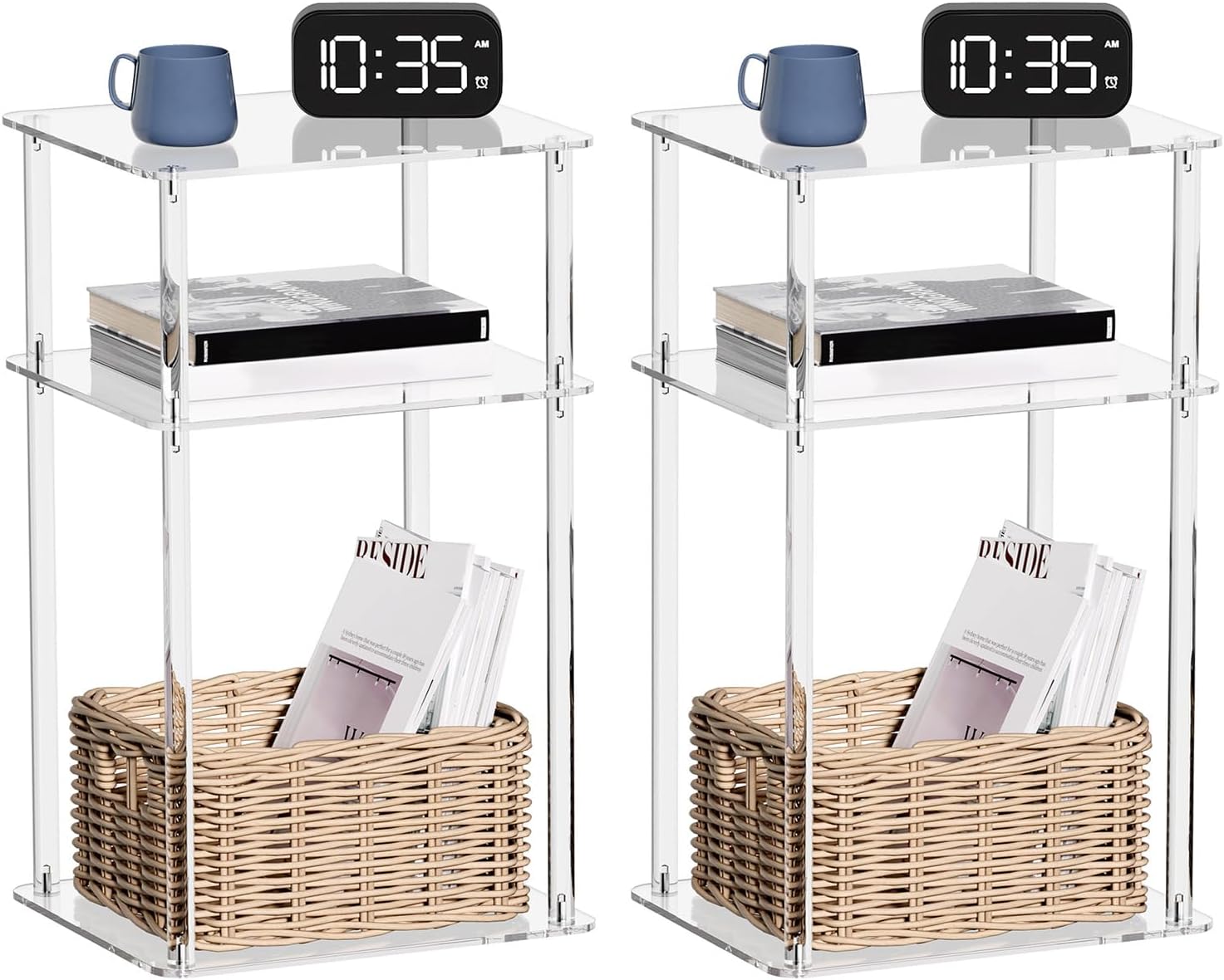 HMYHUM Acrylic Side Tables for Small Spaces, 14" L x 11.5" W x 23.2" H, Small Nightstand/Bedside Table Set of 2, Home Accent End Table for Living Room, Bedroom, 3-Tier, Clear