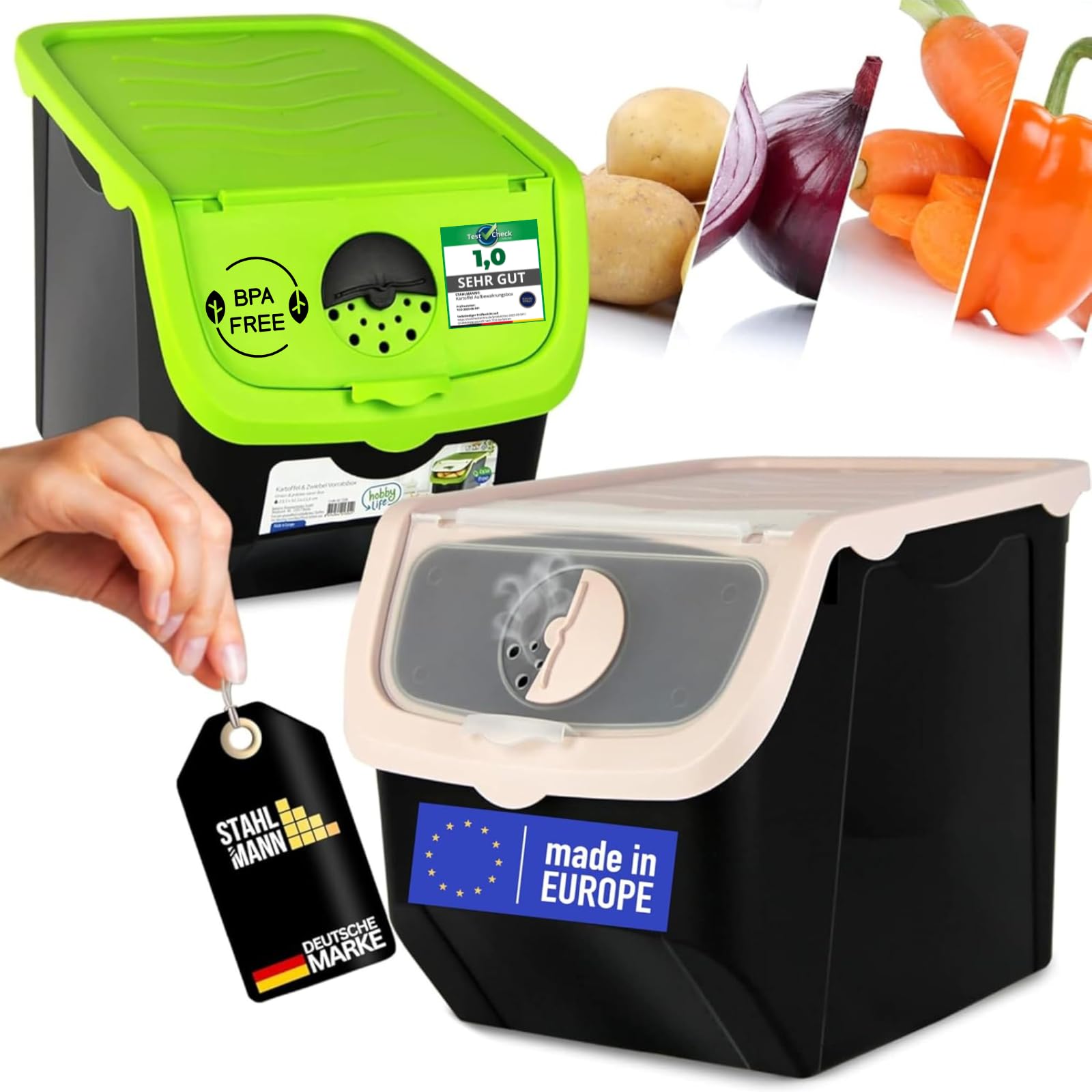 STAHLMANN® Kartoffel Aufbewahrungsbox 2er Set Kartoffelbox mit Entnahmeklappe Ideal für Zwiebel Aufbewahrung ohne zu Keimen Kartoffel 