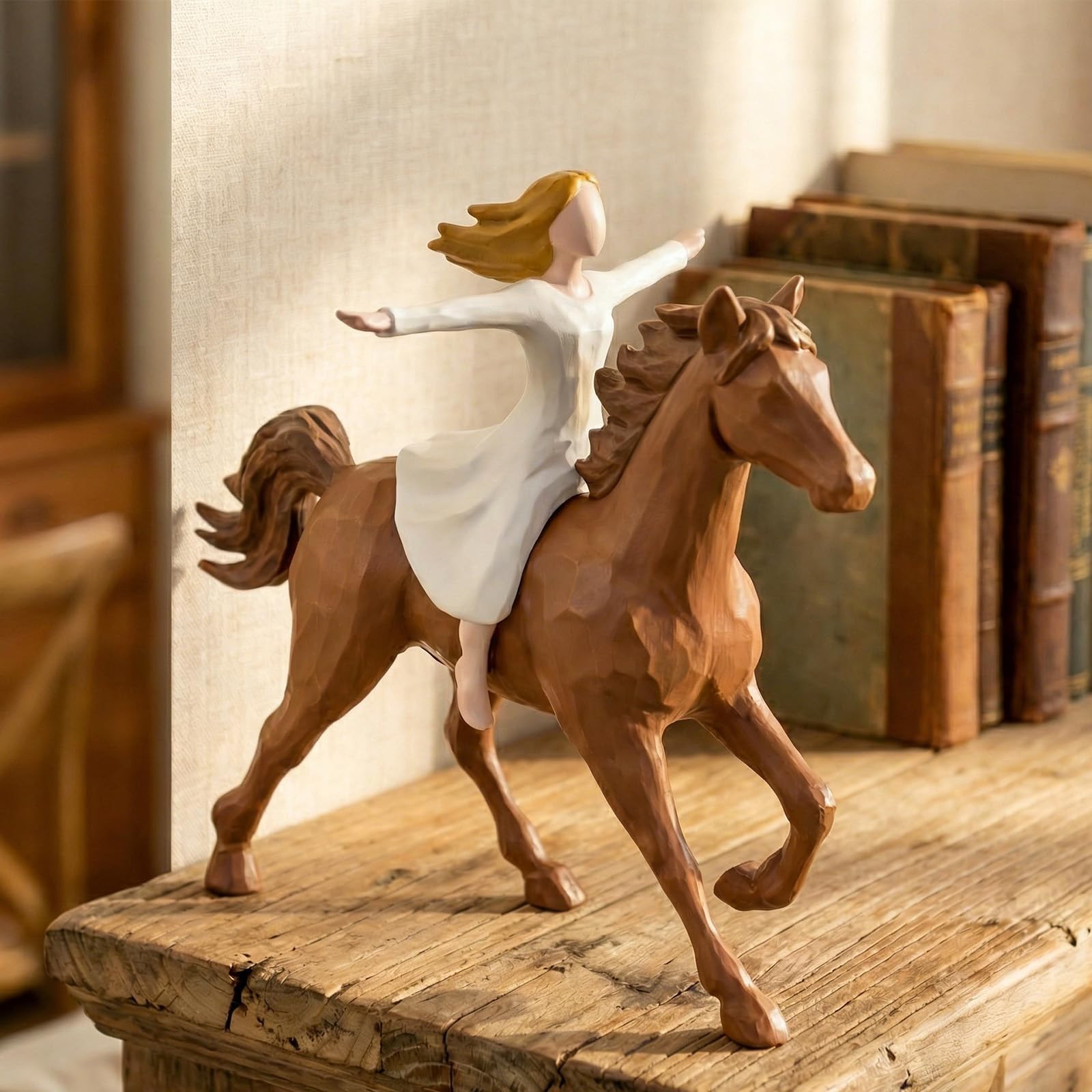 Handmade Resin Girl Riding Horse Figurine, Horse Resin Statue with Hand-Carved, Girl and Horse Riding Statue Figurine, Horse Figurines Gifts for Girls Women Equestrian Lovers Home Decor(Blonde)
