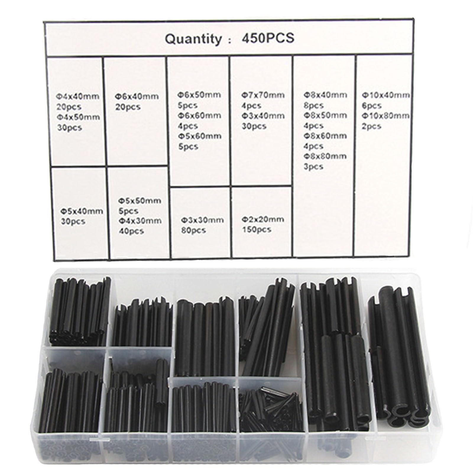 NIYATA 450 Stück Kerbstifte Sortiment,Spannstift Hohlsplinte Set,Hohl Federstifte,Geschlitzte Federstifte Sortimentskasten Spannstifte Edelstahl M2/M3/M4/M5/M6/M7/M8/M10