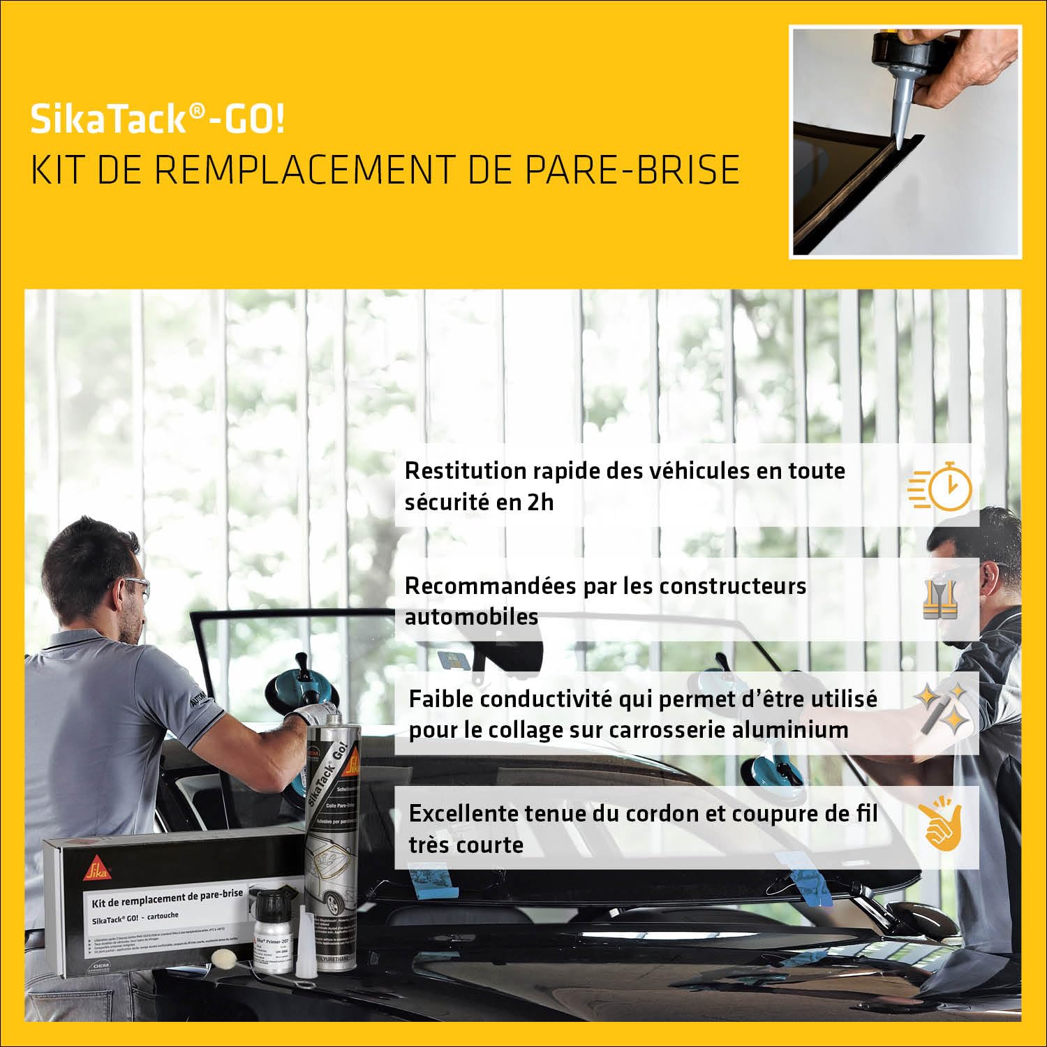 SIKA - Kit de remplacement de pare brise - SikaTack Go - Tout en un - Séchage rapide en 2 heures - Tous types de véhicules - Cartouche + Primer