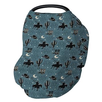 Vintage Western Cowboy Baby Car Seat Covers Navy Cowboys Boots Hat Horse Cactus Moon Stretchy 5-in-1 Cover Adjustable Infant Carseat Canopy Cover Wild West Desert Breathable Nursing Cover-Up