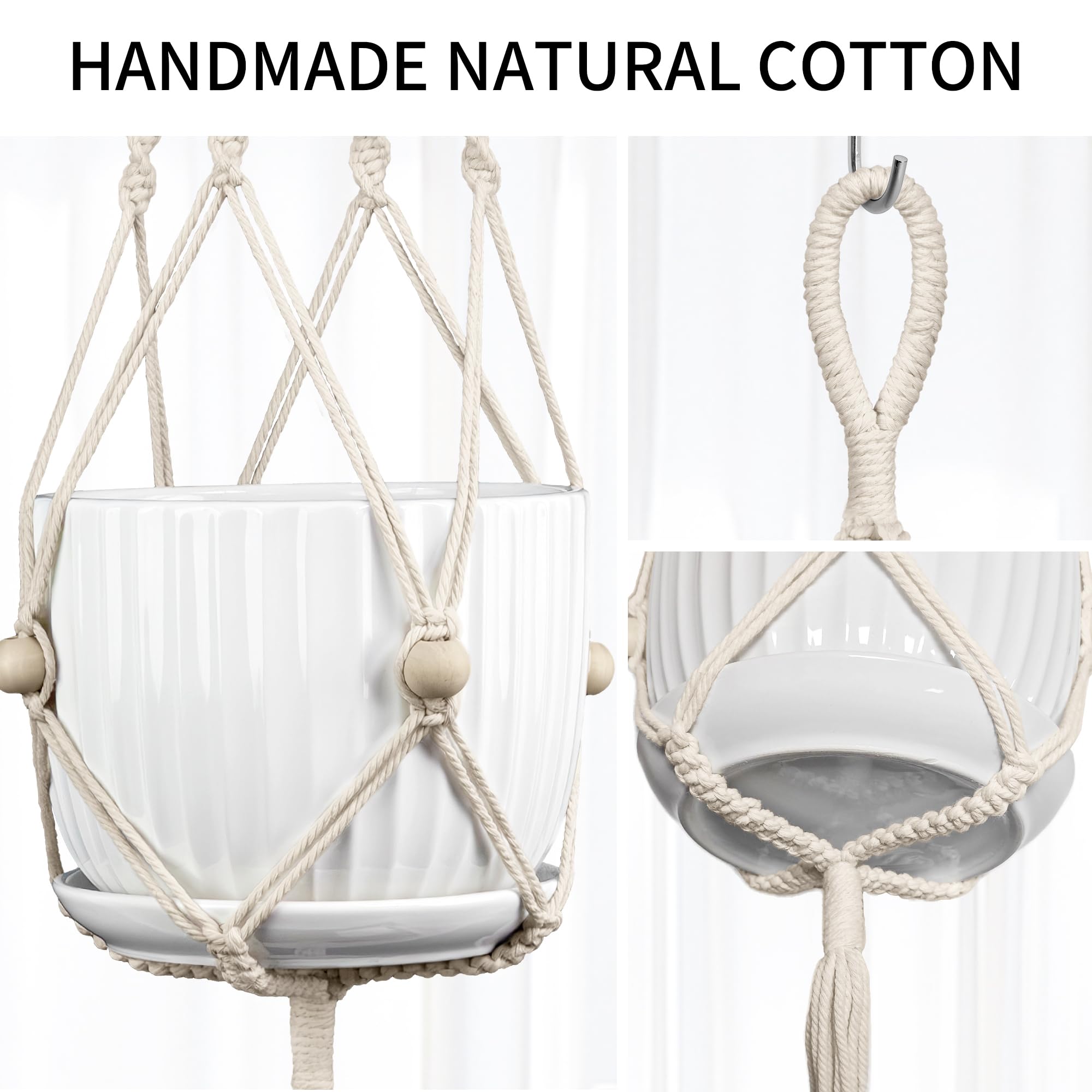 Lot de 2 cintres en macramé pour plantes, 111,8 cm, convient aux pots de 10 à 30,5 cm, extra long pour intérieur et extérieur, décoration d'intérieur bohème, ivoire (pots non inclus)
