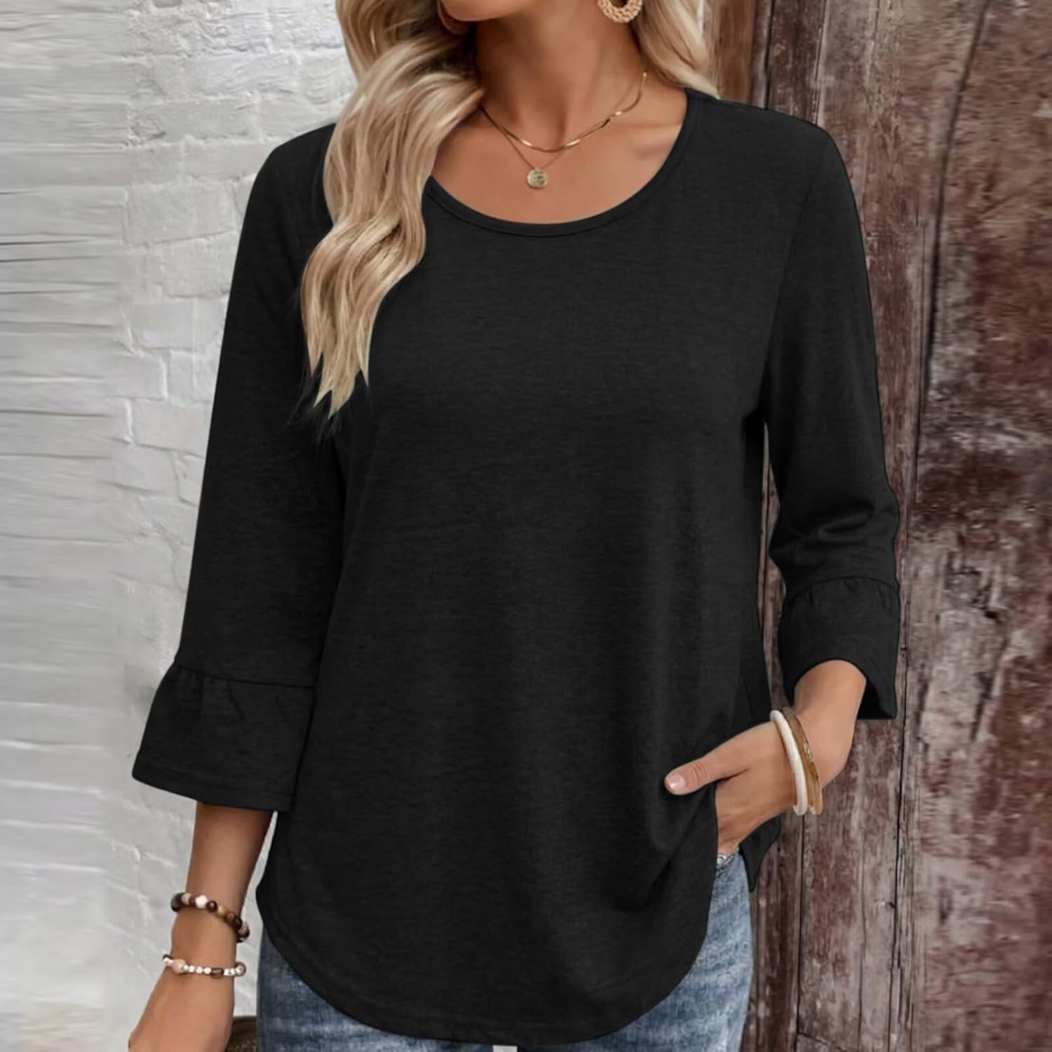Women's Crew Neck 3/4 Sleeve Top Ruffled T-Shirt Slim Fit Chic Fashionable Loose Casual Shirt Spring/Summer Essential Shirt - Image 4