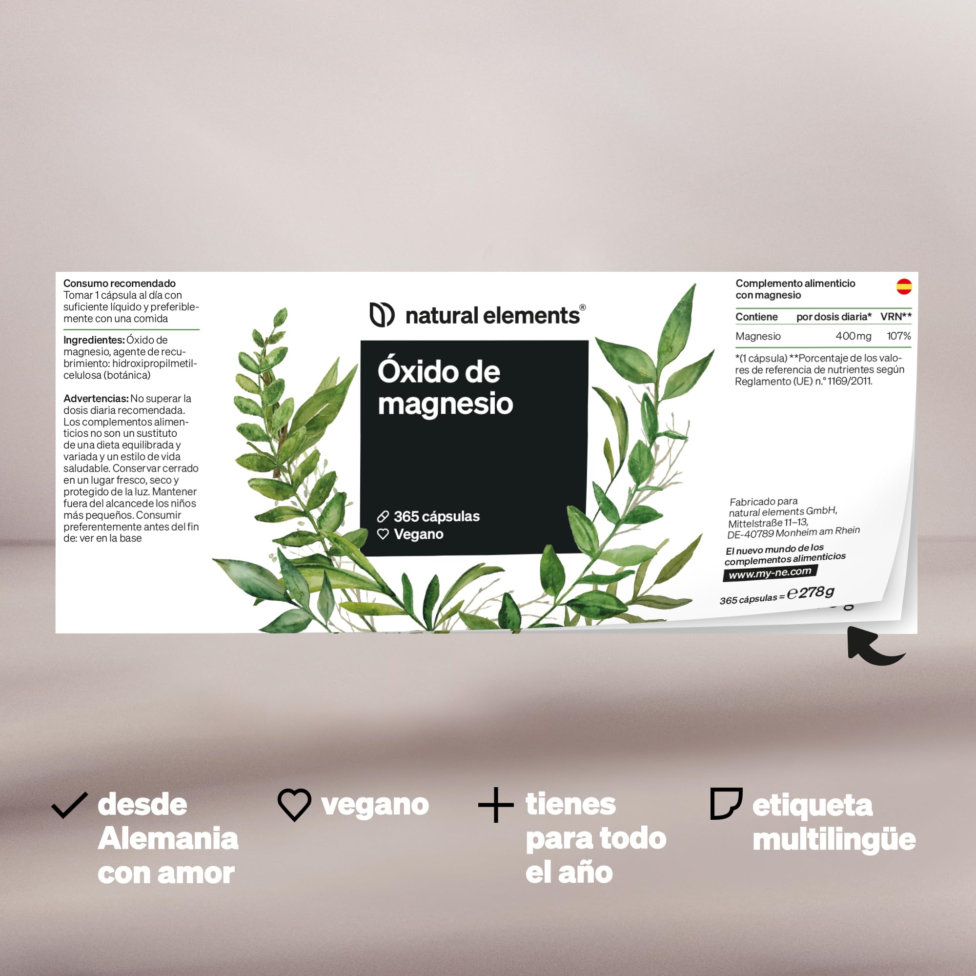 Magnesio – 365 cápsulas – 667 mg de óxido de magnesio, de los cuales 400 mg de magnesio por cápsula – Probado en laboratorio, alta dosificación, vegano