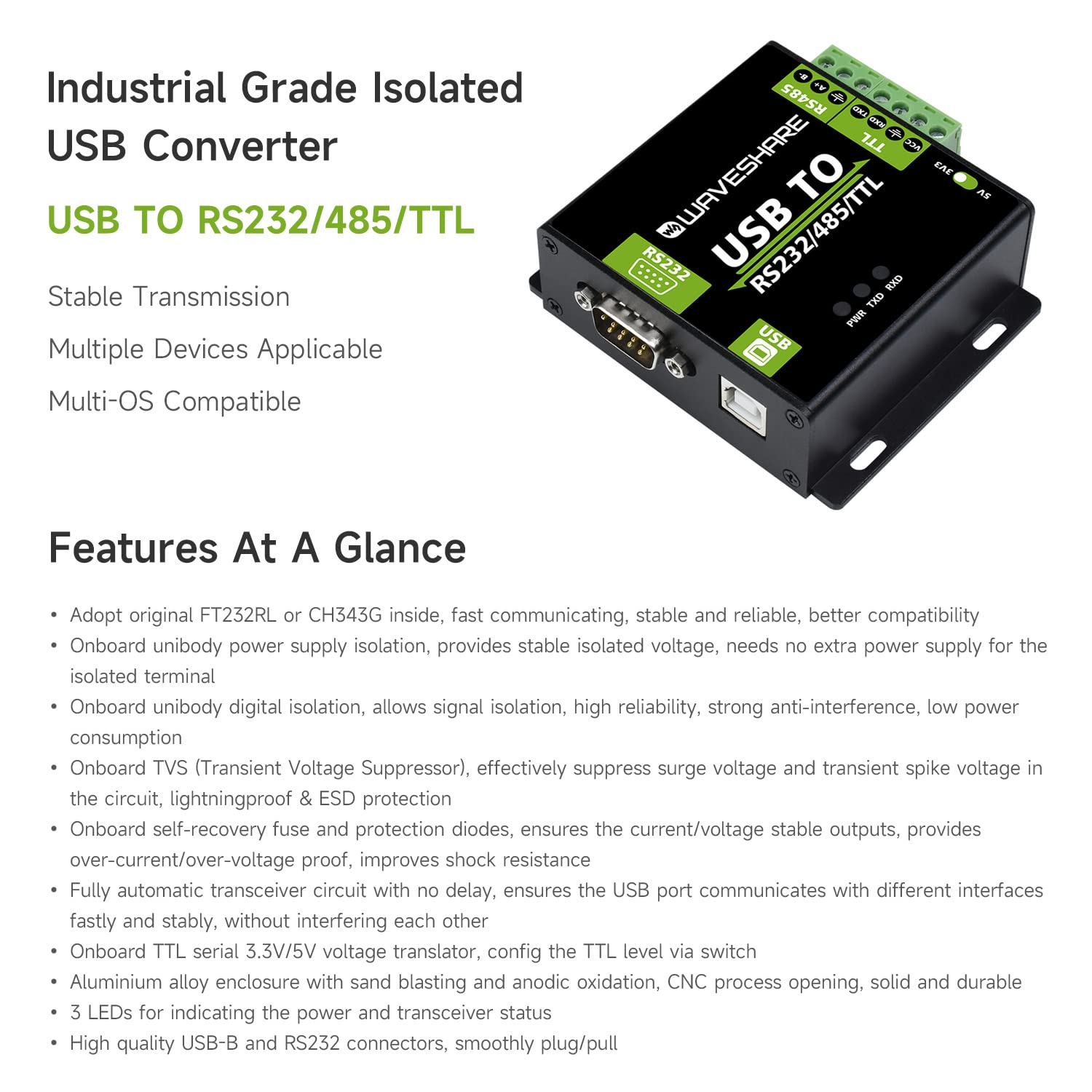 LUCKFOX Convertitore USB Isolato Industriale - USB A RS232/485/TTL, Alta Velocità, Compatibile Con Windows/Mac/Linux
