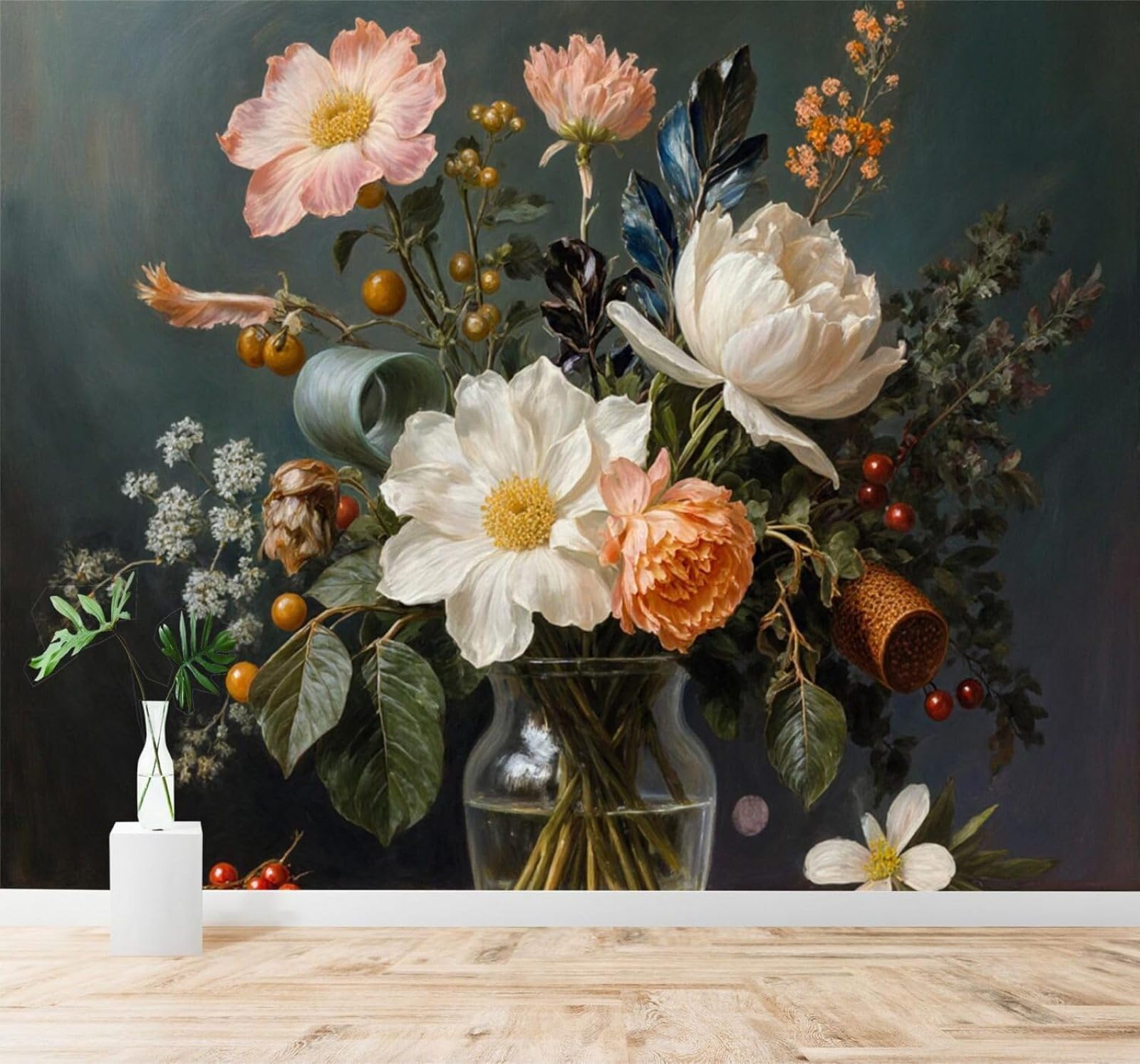 XLMING Elegant Glass Vase Bouquet Peonies Roses Green Leaves 3D Wallpaper Silky Texture Home Study Office Grey Dining Room Sofa Bedroom Living Room TV Backdrop-350cm×256cm