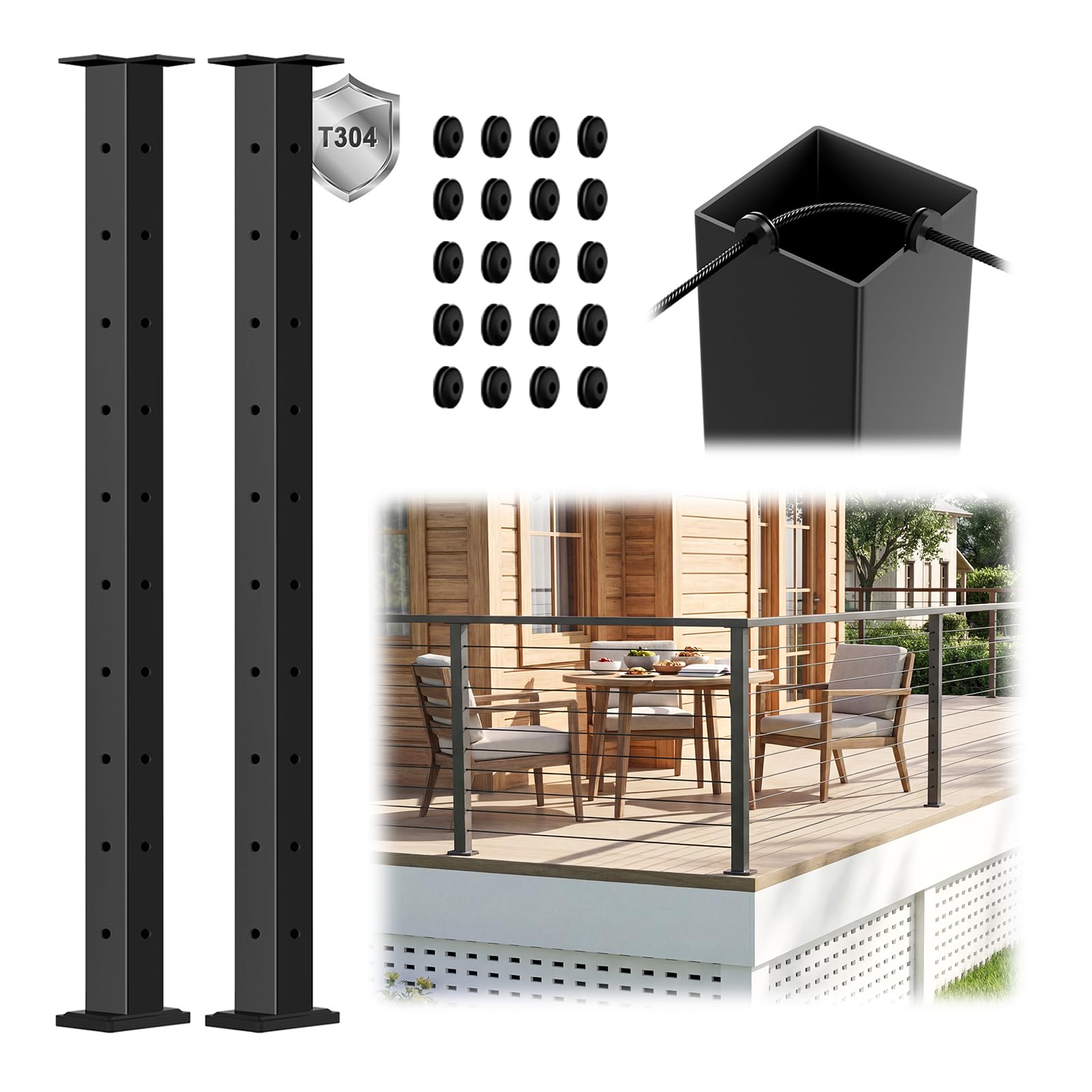 Zylorix 2Pack 36" Swageless L-drilled Cable Railing Corner Post 35"x2"x2", Stainless Steel T304 Upgraded Black Coated Surface Mount 90° Metal Post for Cable Railing System Deck Indoor Outdoor Balcony