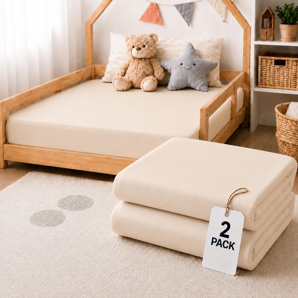 BABYMAM 2 Pack Jersey Fitted Sheet 160 x 80 cm, Breathable, 100% Cotton Soft Stretch Fitted Bed Sheet, Elasticated All Around for Toddler & Junior Bed (Beige)