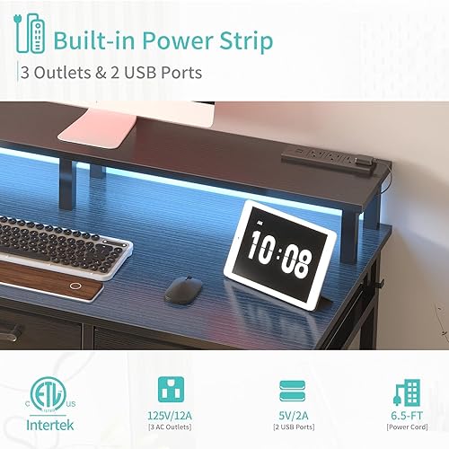 Miniatura 7 de Lufeiya Escritorio para juegos con luces LED y tomas de corriente, escritorio de oficina en casa de 47 pulgadas con soporte para monitor y estantes,