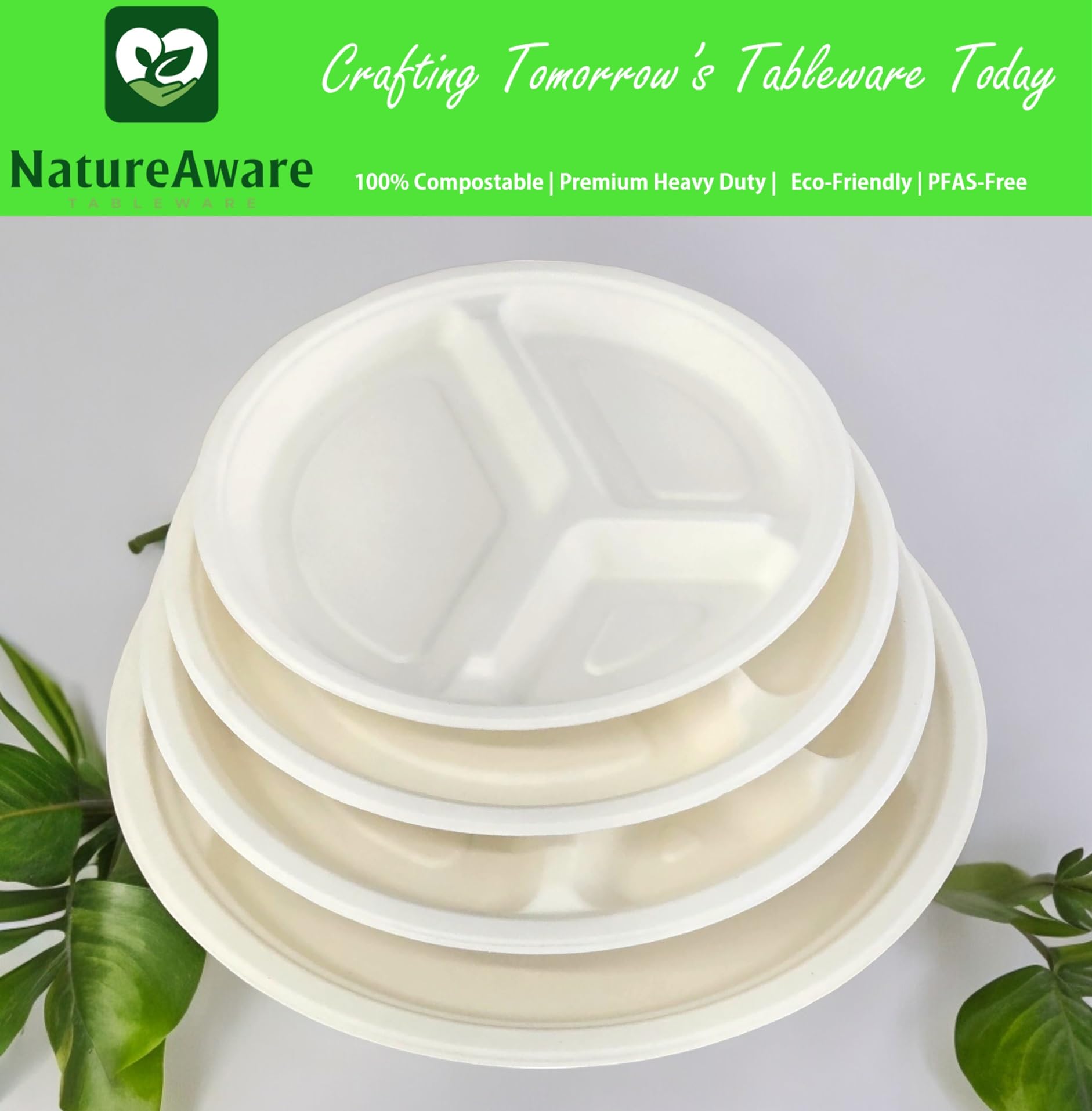 Platos redondos de papel blanco de alta calidad de 11 pulgadas con 4 compartimentos [paquete de 50] -100% compostables y ecológicos, desechables, resistentes, sin PFAS, hechos de bagazo de