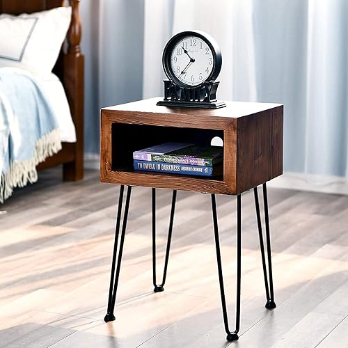 Miniatura 6 de WELLAND Mesita de noche de madera de pino maciza, mesa auxiliar con patas de metal, 15.5 pulgadas de largo x 13.5 pulgadas de ancho x 22 pulgadas de